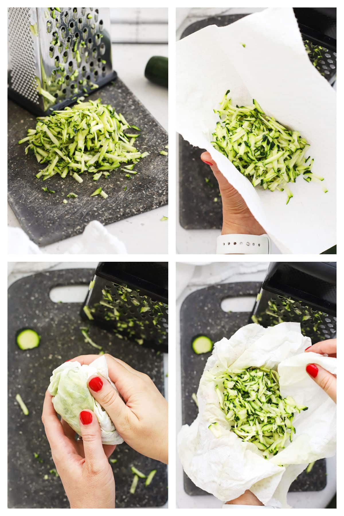 showing how to squeeze excess liquid from grated zucchini for baking