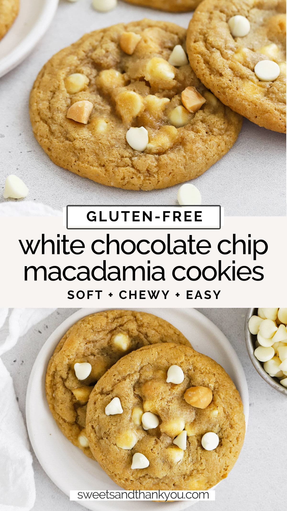 Gluten-Free White Chocolate Macadamia Nut Cookies - These soft, chewy gluten-free macadamia cookies are loaded with white chocolate & nuts. You'll love their yummy flavor! // gluten-free macadamia nut cookies // gluten-free white chocolate chip macadamia nut cookies / gluten-free white chocolate chip macadamia cookies // gluten-free white chocolate macadamia cookie recipe // gluten-free christmas cookies / easy gluten-free cookie recipe / gluten free white chocolate cookie recipe /