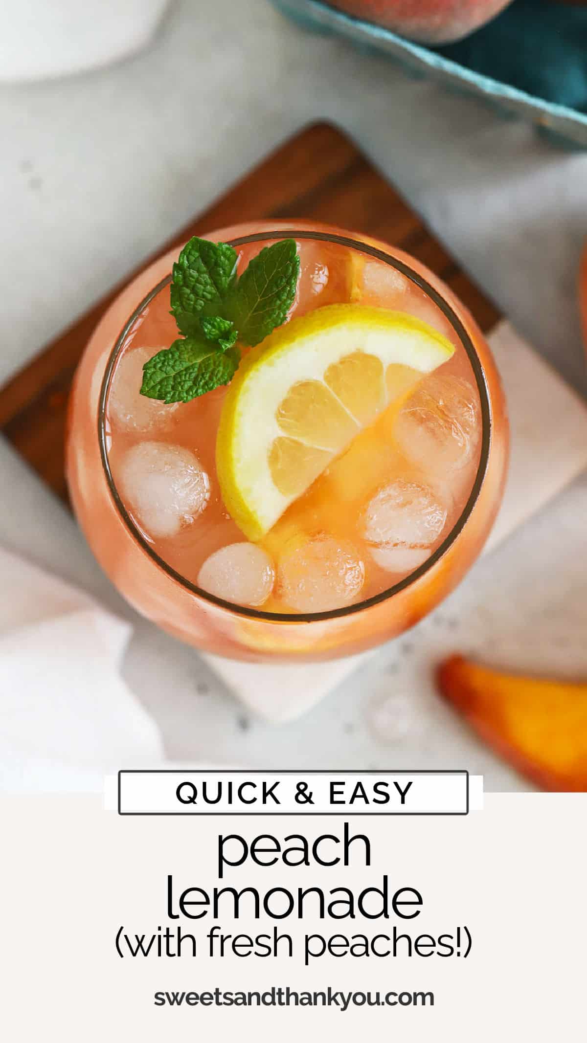 This easy homemade peach lemonade recipe is made with fresh (or frozen!) peaches and lemon juice to make a light, refreshing summer drink you won't want to miss. / peach lemonade from scratch / peach lemonade without concentrate / peach lemonade with fresh peaches / peach lemonade with frozen peaches / easy peach lemonade recipe / peach mocktail / summer drink / peach flavored lemonade recipe 