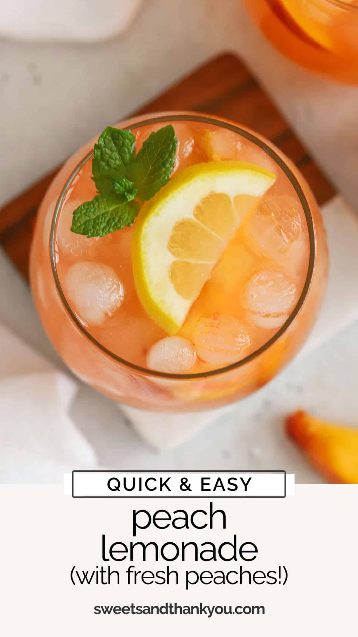 This easy homemade peach lemonade recipe is made with fresh (or frozen!) peaches and lemon juice to make a light, refreshing summer drink you won't want to miss. / peach lemonade from scratch / peach lemonade without concentrate / peach lemonade with fresh peaches / peach lemonade with frozen peaches / easy peach lemonade recipe / peach mocktail / summer drink / peach flavored lemonade recipe 