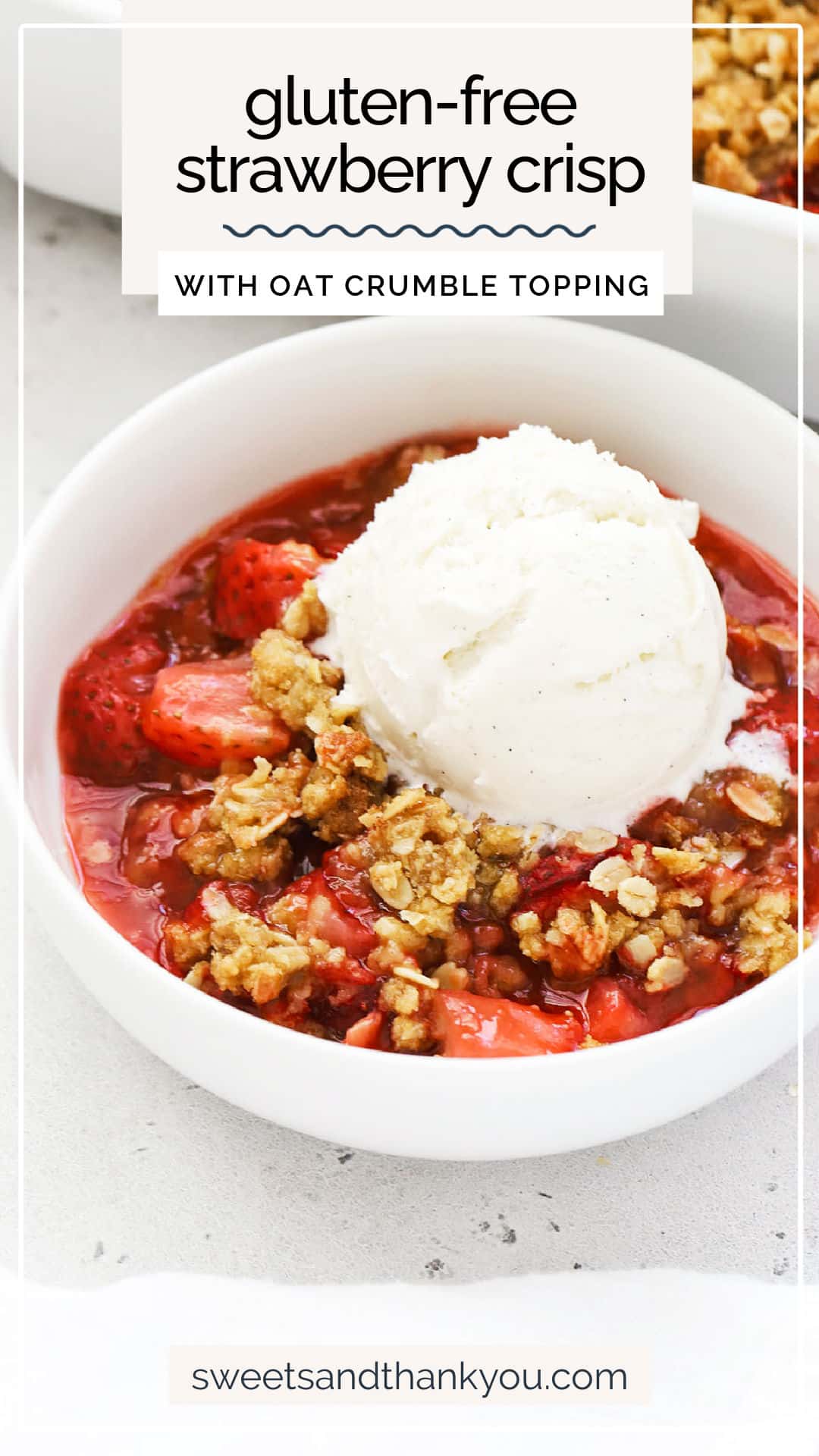 Strawberry season is the perfect time to make this easy gluten-free strawberry crisp recipe! Bursting with fresh berry flavor & finished with a simple oat crumble, it's summer's favorite dessert. / homemade gluten free strawberry crisp recipe / gluten free strawberry crumble recipe / gluten free strawberry crisp with oat topping / gluten free spring dessert / gluten free strawberry dessert / gluten free summer dessert / gluten free fruit crisp / gluten free fruit crumble