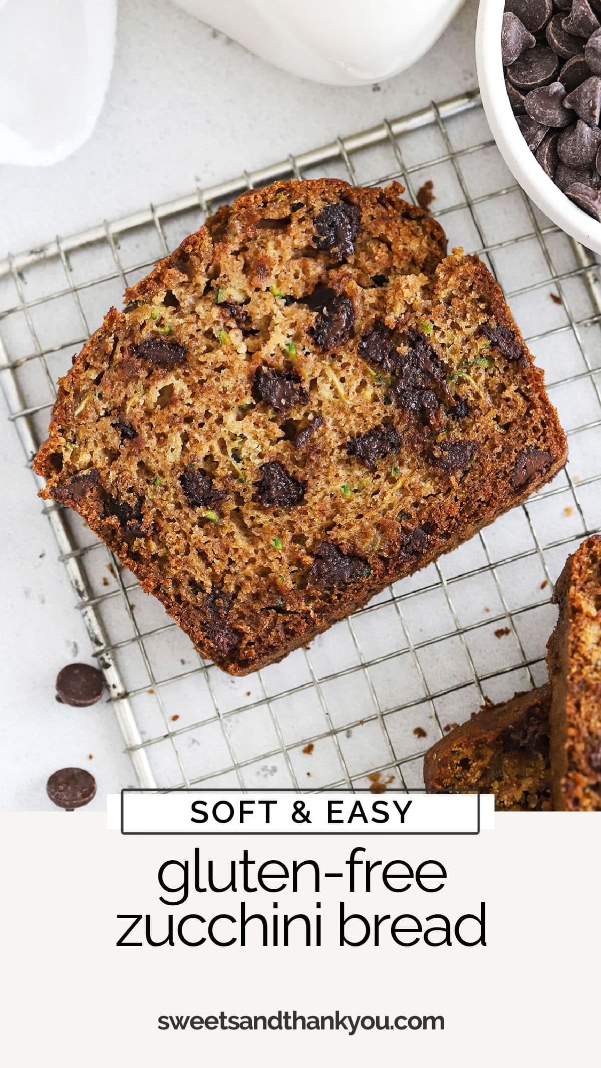 Summer is the perfect time to make this easy gluten-free zucchini bread recipe! You'll love the blend of spices, soft texture, and chocolate chips (or nuts) in every bite! / moist gluten free zucchini bread recipe / the best gluten-free zucchini bread recipe / gluten free chocolate chip zucchini bread / gluten free zucchini bread with walnuts / 