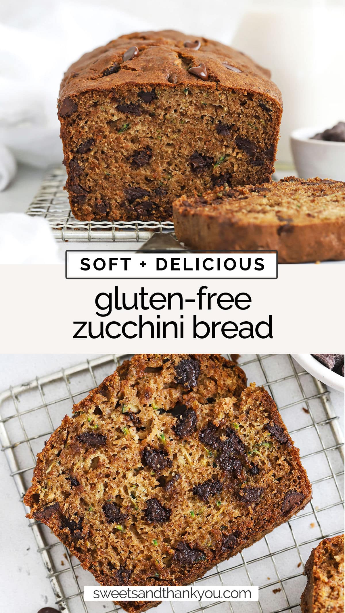 Summer is the perfect time to make this easy gluten-free zucchini bread recipe! You'll love the blend of spices, soft texture, and chocolate chips (or nuts) in every bite! / moist gluten free zucchini bread recipe / the best gluten-free zucchini bread recipe / gluten free chocolate chip zucchini bread / gluten free zucchini bread with walnuts / 