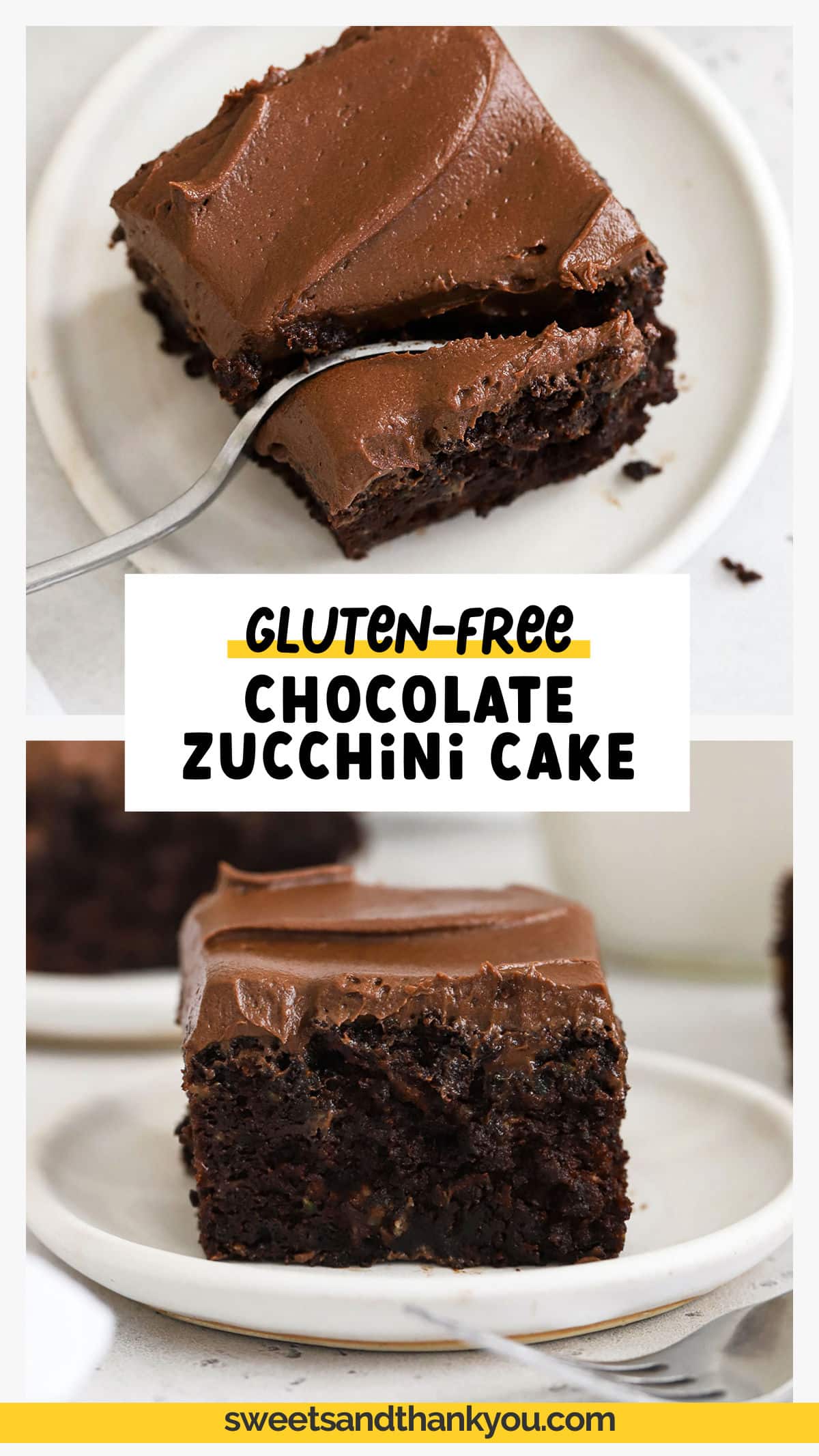 This easy Gluten-Free Chocolate Zucchini Cake recipe is so plush and delicious no one will guess it's gluten-free. (You'll LOVE the chocolate frosting!) Easy enough for a beginner, this zucchini recipe is always a winner! Get the recipe and our best zucchini tips at sweetsandthankyou.com