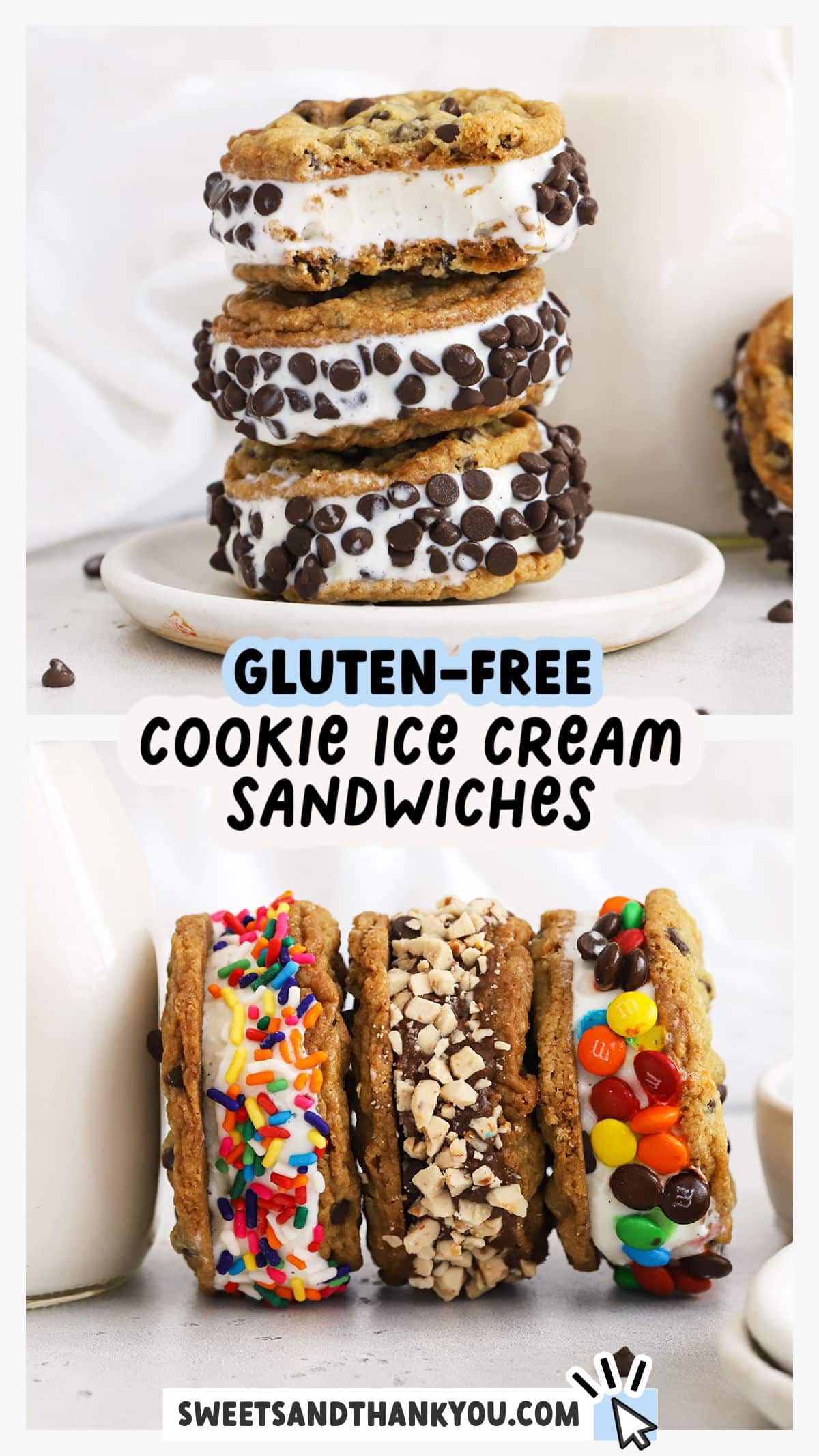 These gluten-free cookie ice cream sandwiches are such a fun summer dessert to cool off with. They're basically a homemade gluten-free chipwich! Made with thin, crisp chocolate chip cookies and creamy vanilla ice cream. Try our classic combination or mix & match ice creams and toppings to create your own! No matter how you make them, this ice cream treat is always a hit with the whole family! 