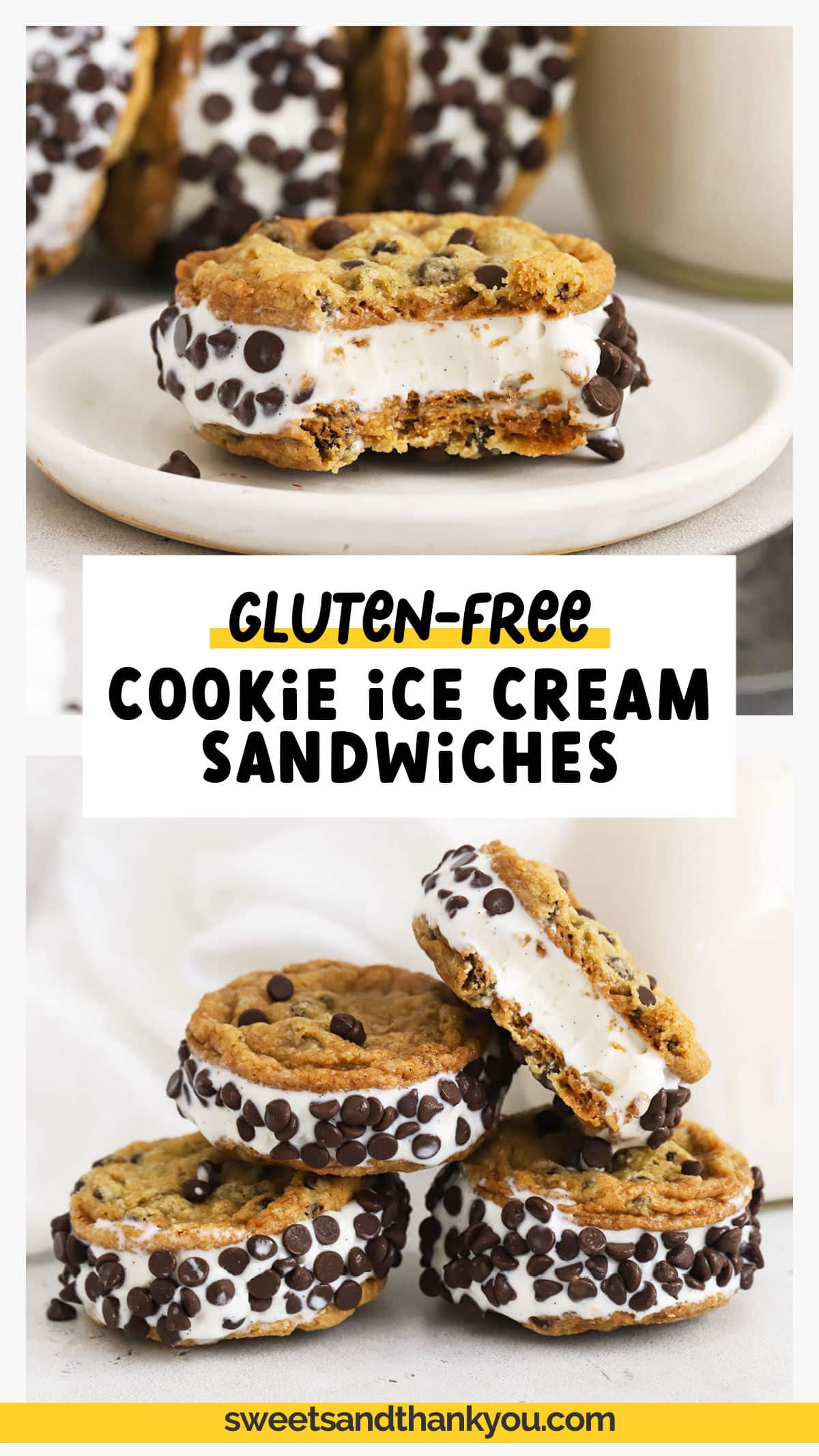 These gluten-free cookie ice cream sandwiches are such a fun summer dessert to cool off with. They're basically a homemade gluten-free chipwich! Made with thin, crisp chocolate chip cookies and creamy vanilla ice cream. Try our classic combination or mix & match ice creams and toppings to create your own! No matter how you make them, this ice cream treat is always a hit with the whole family! 