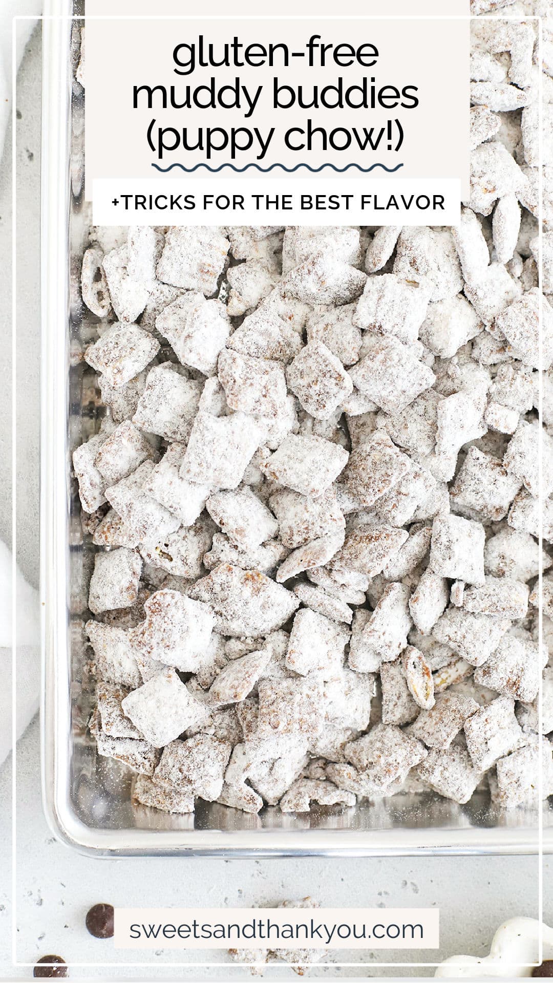 Learn how to make the BEST gluten-free muddy buddies (aka puppy chow) with our simple tricks. This classic no-bake treat has never been better! / gluten free puppy chow recipe / classic puppy chow / classic muddy buddies / gluten free muddy buddy recipe / how to make muddy buddy clusters / are muddy buddies gluten free / is puppy chow gluten free / gluten free no bake treat / gluten free no bake snack / gluten free party snack