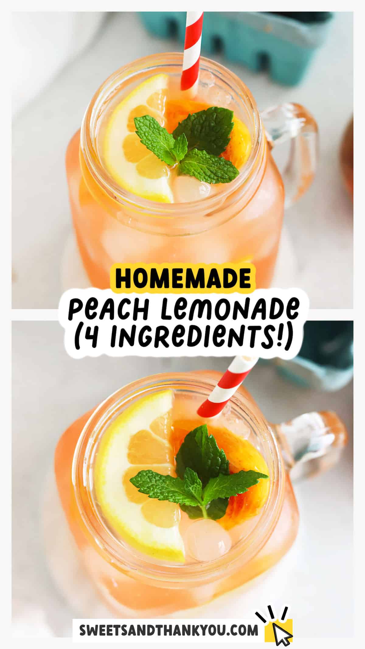 This easy homemade peach lemonade recipe is made with fresh (or frozen!) peaches and lemon juice to make a light, refreshing summer drink recipe you won't want to miss. Once you've tried peach lemonade from scratch you won't want to go back! Get this homemade lemonade recipe and more variations to try at sweetsandthankyou.com