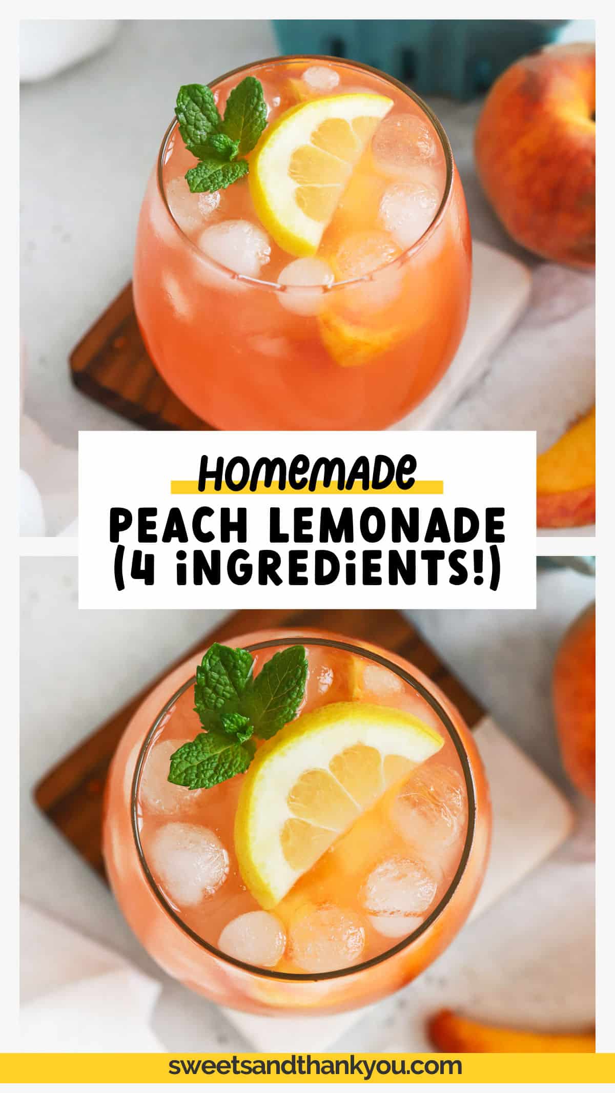 This easy homemade peach lemonade recipe is made with fresh (or frozen!) peaches and lemon juice to make a light, refreshing summer drink recipe you won't want to miss. Once you've tried peach lemonade from scratch you won't want to go back! Get this homemade lemonade recipe and more variations to try at sweetsandthankyou.com