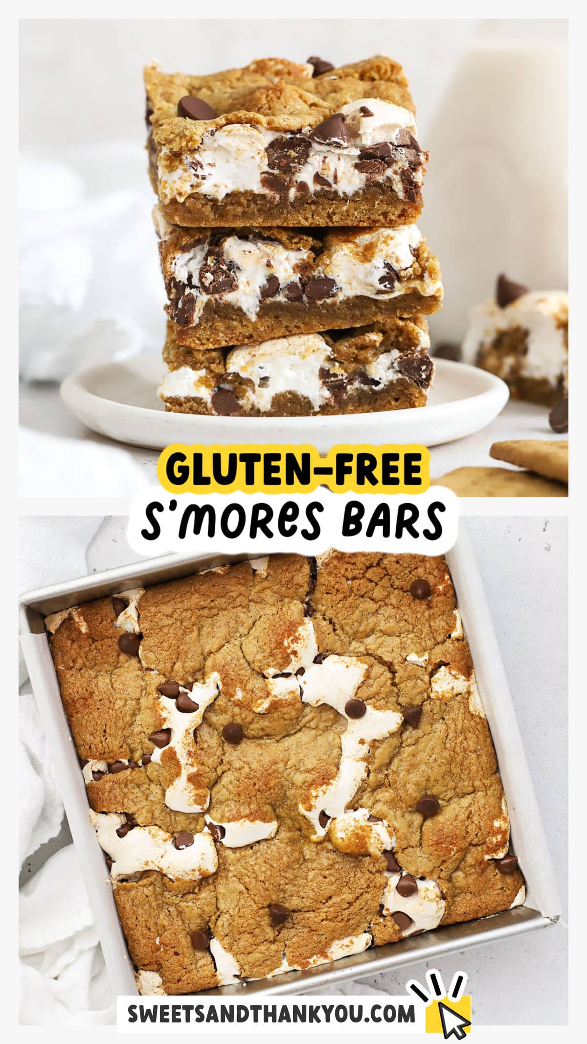 Soft, chewy gluten-free s'mores bars made with gooey marshmallow and melty chocolate between two layers of graham cookie. Yum! These gluten-free s'mores cookie bars are a fun summer dessert that channels the classic flavor of a s'more into a delicious cookie bar! Get the recipe at Sweets & Thank You