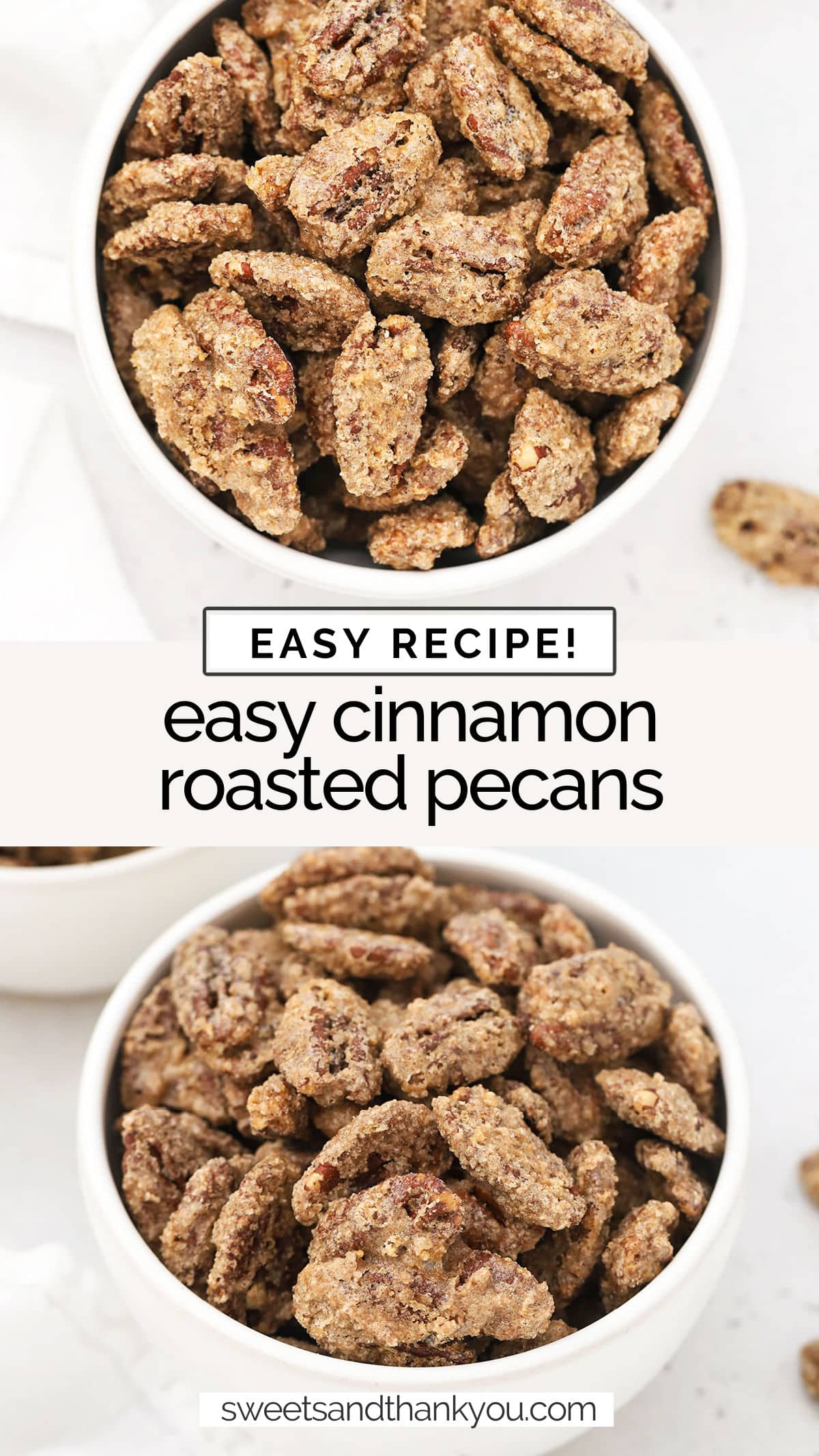 Our old-fashioned cinnamon roasted pecans recipe is so easy to make! You only need 6 ingredients and a few minutes to get started! homemade cinnamon pecans / cinnamon sugar pecans recipe / cinnamon sugar candied pecans / roasted cinnamon pecans / cinnamon sugar roasted pecans /