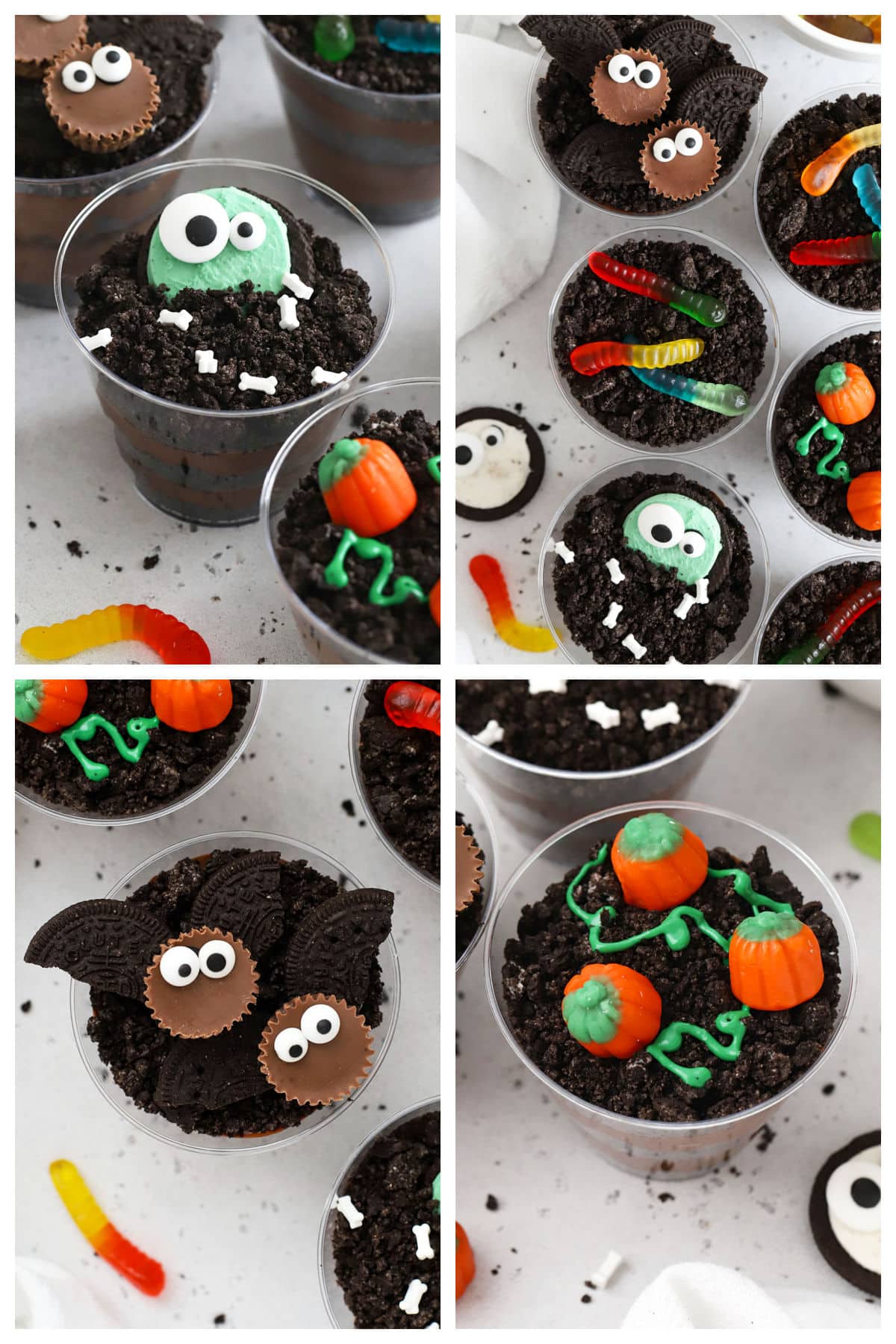 four different ways to decorate dirt pudding for Halloween