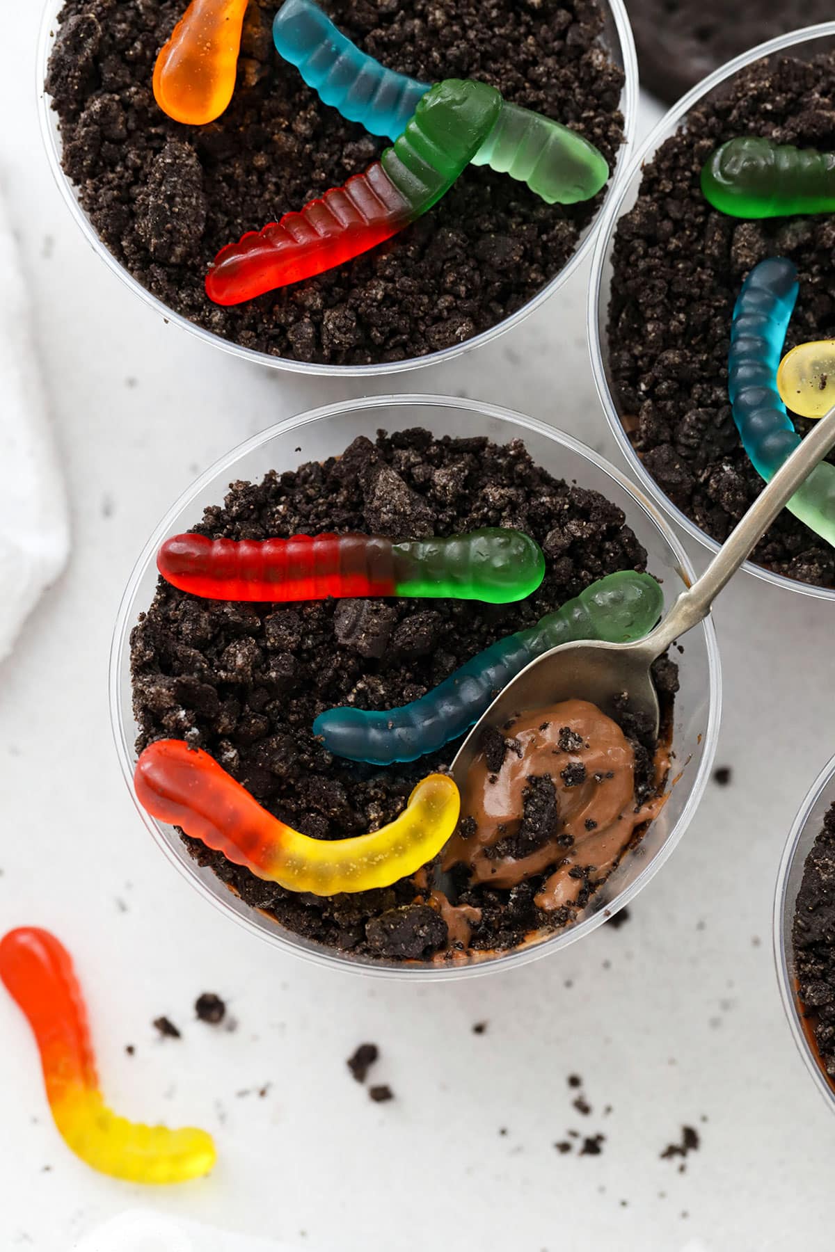 gluten-free dirt pudding topped with gummy worms