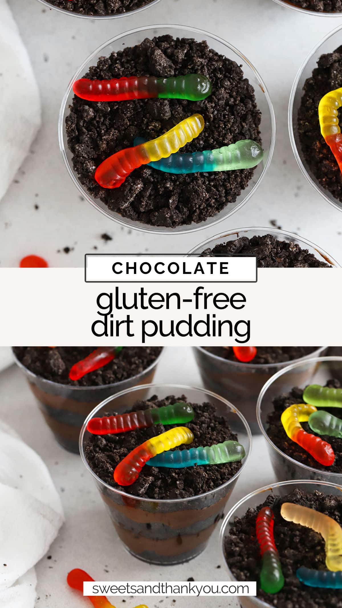 Get nostalgic with this easy gluten-free dirt pudding recipe! Don't miss all the cute ways to decorate it in the post. (+Halloween Ideas!) / Halloween dirt pudding ideas / cute dirt pudding ideas / gluten-free dirt pudding for halloween / dirt pudding recipe / gluten-free dirt cake recipe / gluten-free dirt cake / gluten-free halloween dessert / gluten-free pudding dessert / gluten-free pudding recipe /