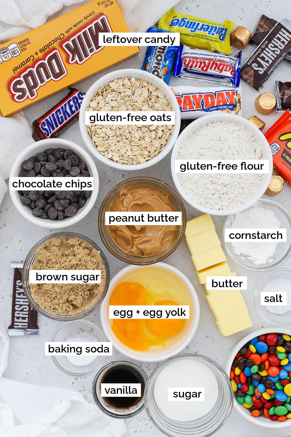 Ingredients for gluten-free candy cookie bars