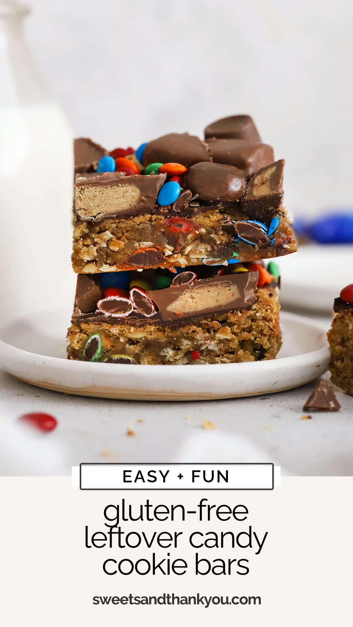 These gluten-free candy cookie bars a fun spin on classic monster cookie bars. They're the perfect way to use leftover candy! / halloween candy cookie bars recipe / leftover candy cookie bars recipe / ways to use leftover candy / recipes for leftover candy / cookie bars with candy / which candy bars are gluten free / baking recipes with leftover candy / ways to use leftover halloween candy / what to bake with leftover candy