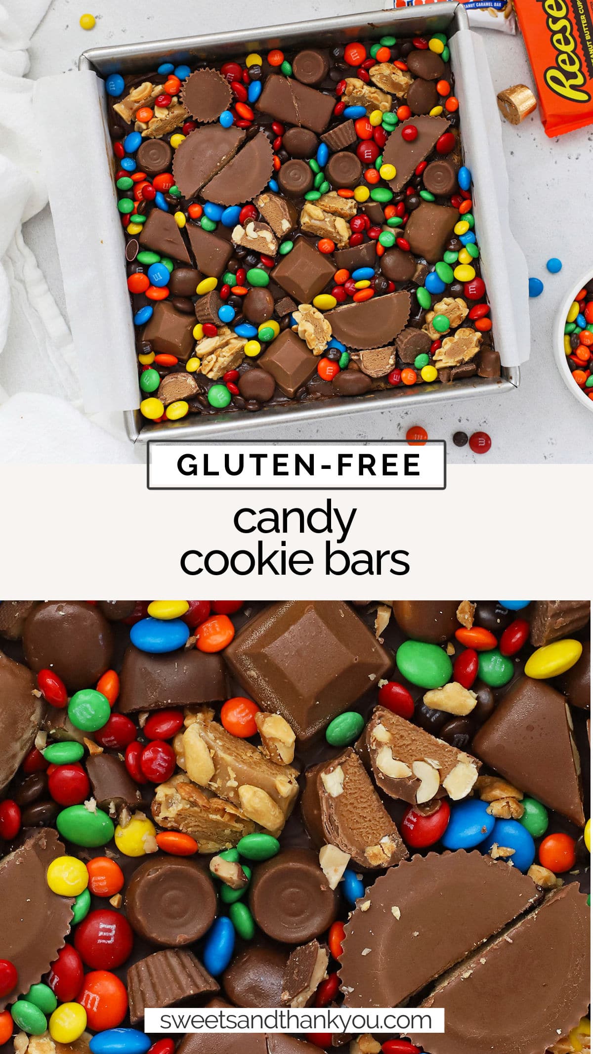 These gluten-free candy cookie bars a fun spin on classic monster cookie bars. They're the perfect way to use leftover candy! / halloween candy cookie bars recipe / leftover candy cookie bars recipe / ways to use leftover candy / recipes for leftover candy / cookie bars with candy / which candy bars are gluten free / baking recipes with leftover candy / ways to use leftover halloween candy / what to bake with leftover candy