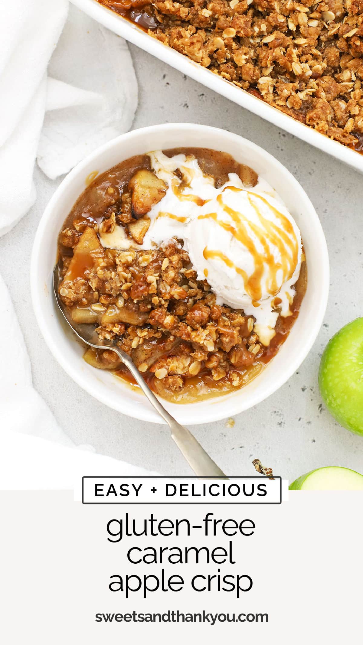 This Gluten-Free Caramel Apple Crisp recipe is the perfect fall dessert, made with sweet apples, crispy oat crumble & gooey caramel! / gluten free apple crisp with caramel sauce / salted caramel apple crisp / apple crisp with caramel sauce / gluten free apple crisp recipe / easy gluten free apple crisp / gluten free apple dessert / gluten free thanksgiving dessert / gluten free fruit crisp / 