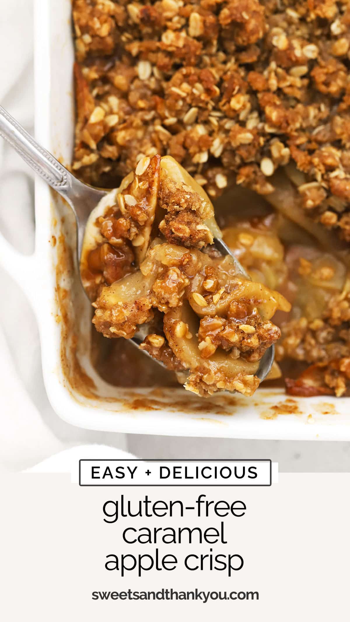 This Gluten-Free Caramel Apple Crisp recipe is the perfect fall dessert, made with sweet apples, crispy oat crumble & gooey caramel! / gluten free apple crisp with caramel sauce / salted caramel apple crisp / apple crisp with caramel sauce / gluten free apple crisp recipe / easy gluten free apple crisp / gluten free apple dessert / gluten free thanksgiving dessert / gluten free fruit crisp / 