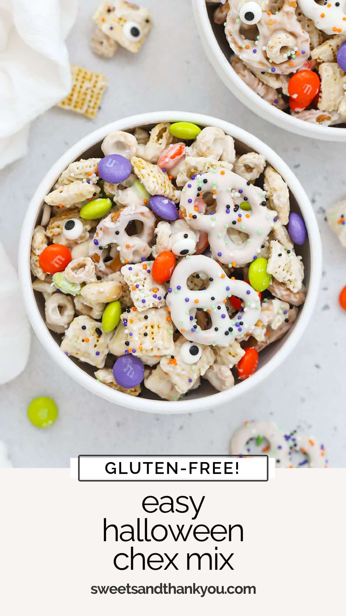 This crispy, crunchy Halloween Chex Mix is perfect for spooky season! Don't miss all the yummy mix-ins for this Halloween snack mix below. / gluten-free Halloween snack mix / gluten-free Halloween snack / gluten-free Halloween dessert / gluten-free halloween chex mix / gluten-free Halloween treat / fall snack mix recipe / fall chex mix recipe