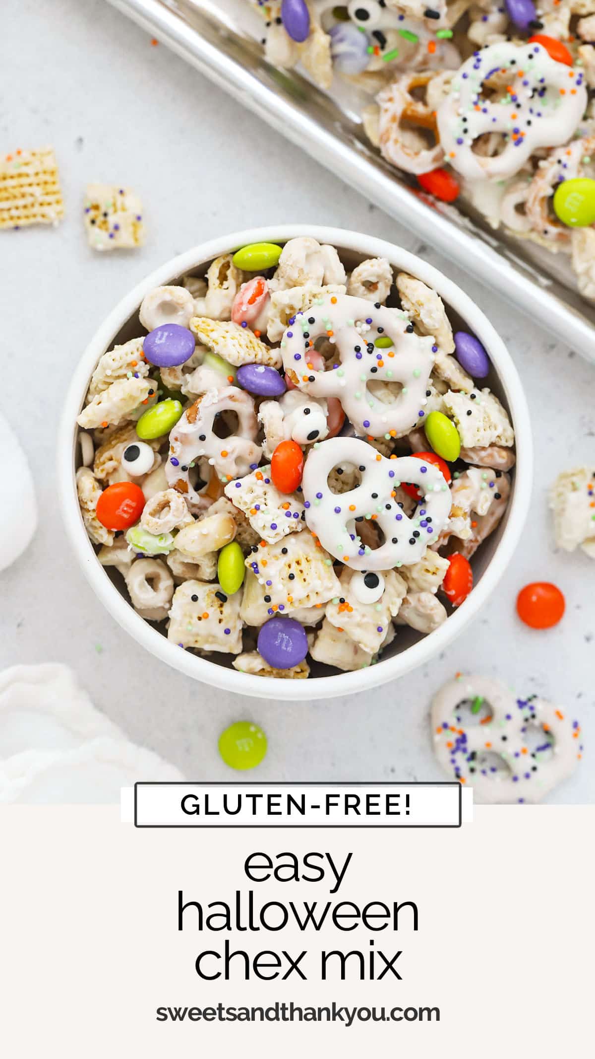 This crispy, crunchy Halloween Chex Mix is perfect for spooky season! Don't miss all the yummy mix-ins for this Halloween snack mix below. / gluten-free Halloween snack mix / gluten-free Halloween snack / gluten-free Halloween dessert / gluten-free halloween chex mix / gluten-free Halloween treat / fall snack mix recipe / fall chex mix recipe