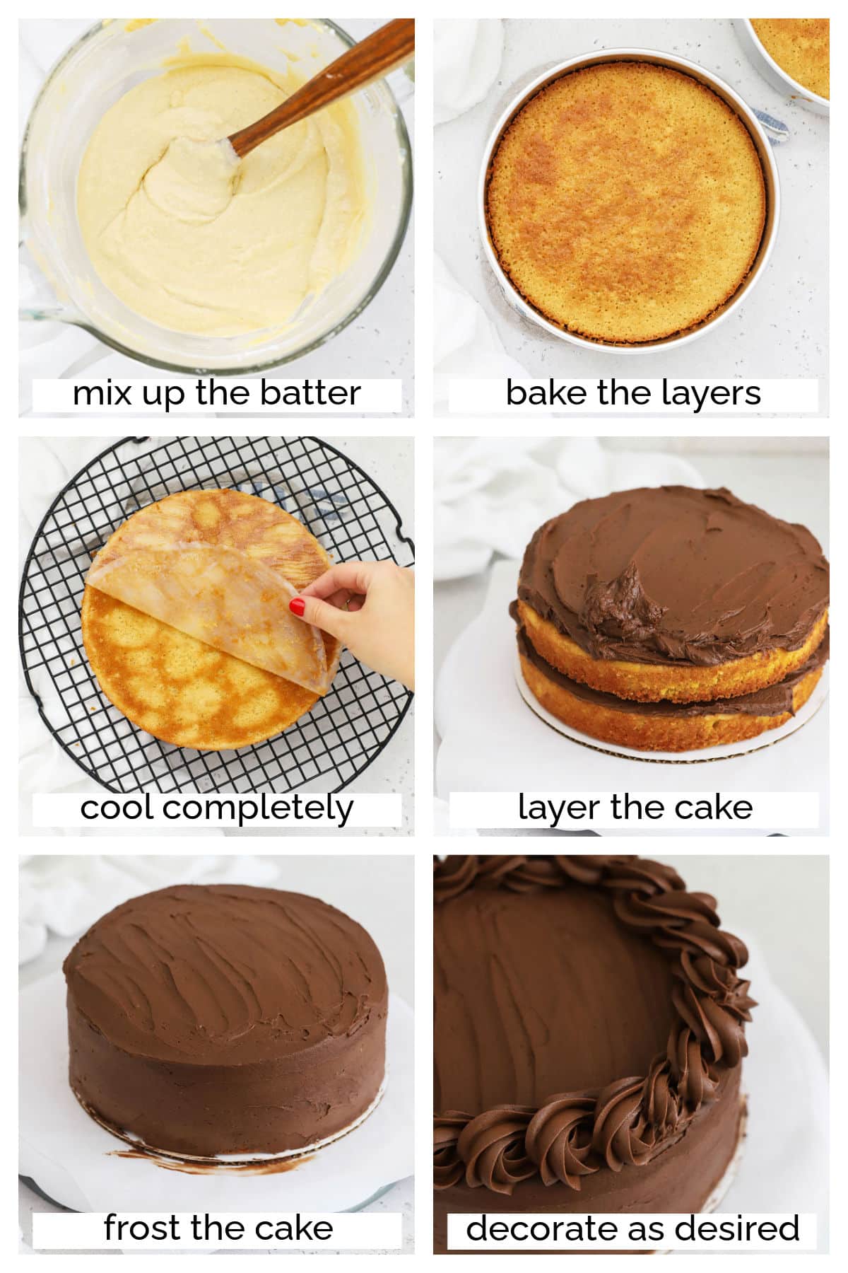 layering a gluten-free birthday cake with chocolate frosting