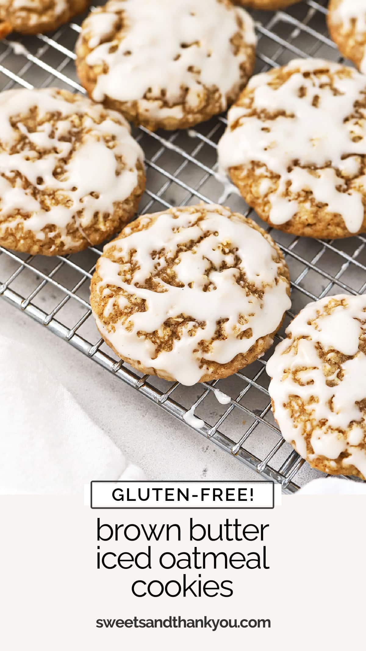 These gluten-free iced oatmeal cookies are made with brown butter, warm spices, and a simple sweet glaze. They're cookie perfection! / gluten free oatmeal cookies / gluten-free christmas cookies / gluten free holiday cookies / gluten free spice cookies / gluten free glazed oatmeal cookies / brown butter oatmeal cookies recipe / gluten free cookies with glaze / gluten free old fashioned iced oatmeal cookies / gluten free cinnamon cookies
