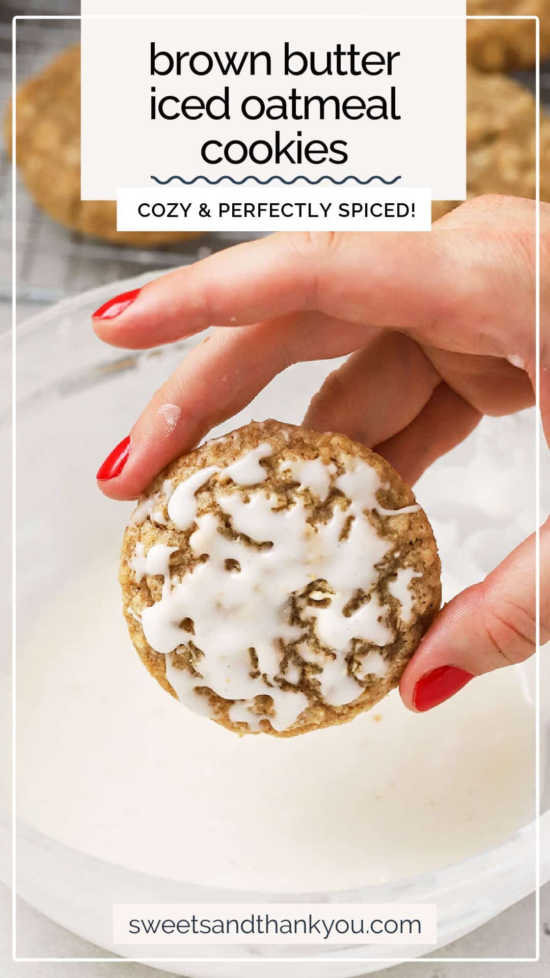 These gluten-free iced oatmeal cookies are made with brown butter, warm spices, and a simple sweet glaze. They're cookie perfection! / gluten free oatmeal cookies / gluten-free christmas cookies / gluten free holiday cookies / gluten free spice cookies / gluten free glazed oatmeal cookies / brown butter oatmeal cookies recipe / gluten free cookies with glaze / gluten free old fashioned iced oatmeal cookies / gluten free cinnamon cookies