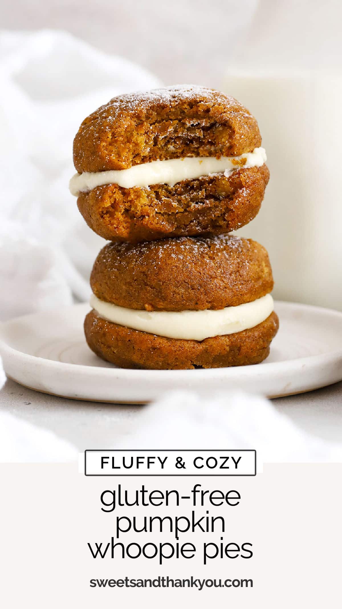 Our Gluten-Free Pumpkin Whoopie Pies are a perfect fall treat, with fluffy cake-like pumpkin cookies & a secret-ingredient cream cheese filling you won't want to miss. / gluten-free pumpkin whoopie pie recipe / homemade pumpkin whoopie pies / gluten-free thanksgiving dessert / gluten-free fall dessert / gluten-free pumpkin dessert / gluten-free pumpkin cookies / gluten-free thanksgiving dessert besides pie / cream cheese frosting recipe / gluten-free holiday cookie / 