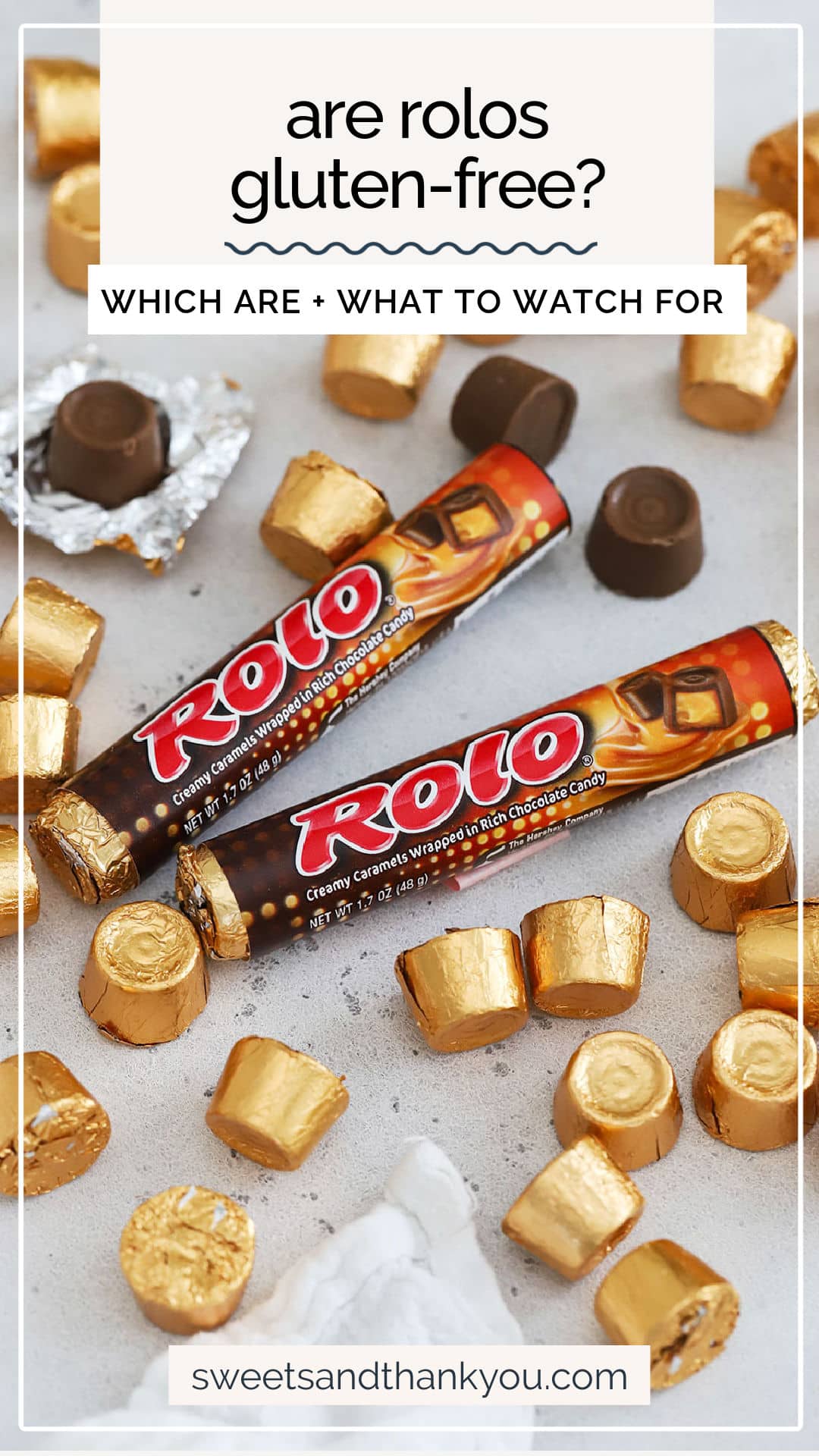 Wondering if Rolos are gluten-free? Get the scoop on which varieties are safe to eat, what to watch out for, and more! / are rolo gluten-free / is rolo gluten-free / are rolo candy gluten-free / which candy is gluten-free / gluten-free halloween candy / gluten-free candy to bake with / gluten-free tip