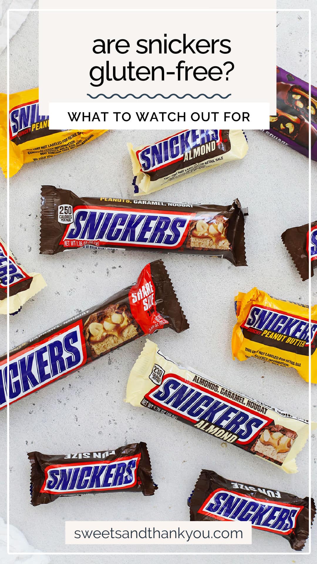 Wondering if Snickers are gluten-free? Get the scoop on which varieties are safe to eat, what to watch out for, and more! / are snickers candy bars gluten-free / is snickers gluten-free / gluten-free candy bars / gluten-free halloween candy / which candy bars are gluten-free / is snickers bar gluten-free