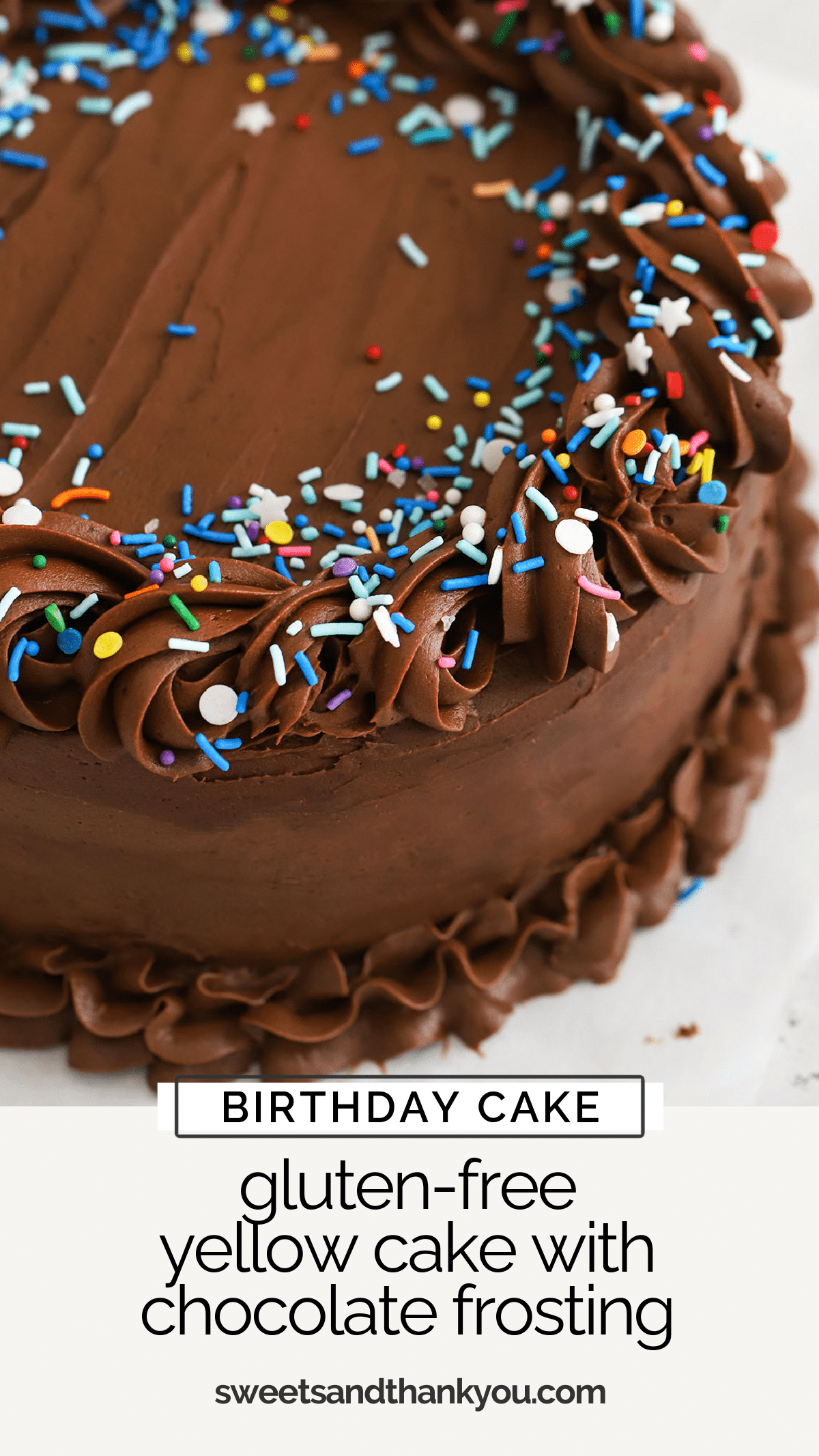 This gluten-free yellow cake recipe is the perfect cake for a birthday party or special occasion! Layers of fluffy vanilla cake and plush chocolate frosting make this gluten-free birthday cake a classic. / best gluten-free birthday cake recipe / easy gluten-free birthday cake recipe / gluten-free layer cake / gluten-free yellow layer cake with chocolate frosting / gluten free birthday cake with chocolate frosting / gluten-free birthday cake from scratch / 