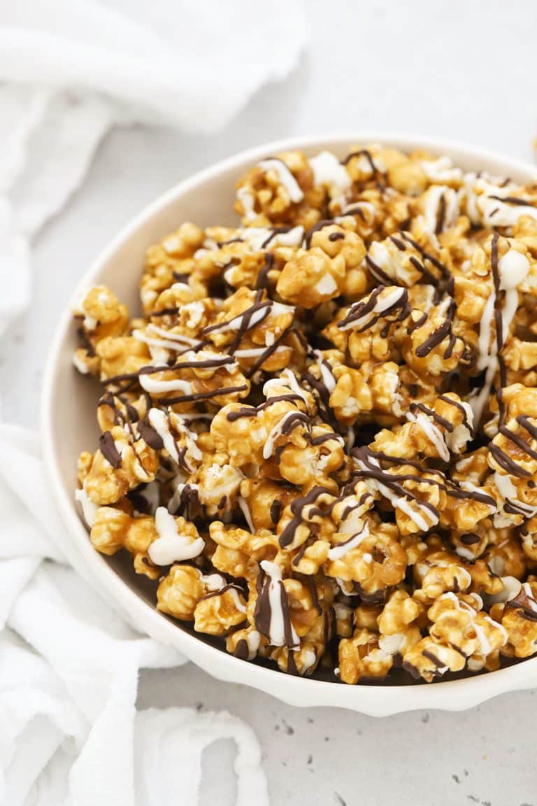 front view of a large bowl of zebra caramel corn