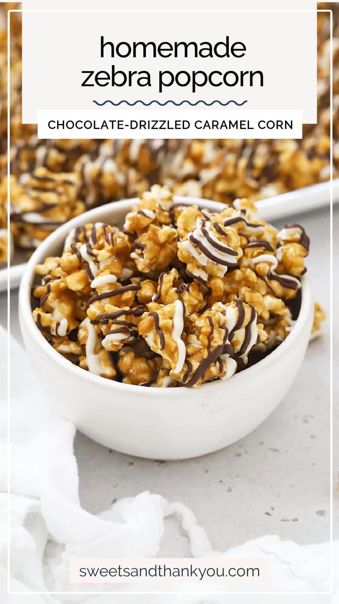 Learn how to make homemade zebra popcorn with our easy recipe! This chocolate drizzled caramel corn is always a hit! (Gluten-Free!) / zebra caramel popcorn / caramel corn drizzled with chocolate / chocolate drizzled caramel corn / chocolate drizzled caramel popcorn / zebra corn recipe / is zebra popcorn gluten-free / gluten free popcorn recipe / gluten free holiday treat