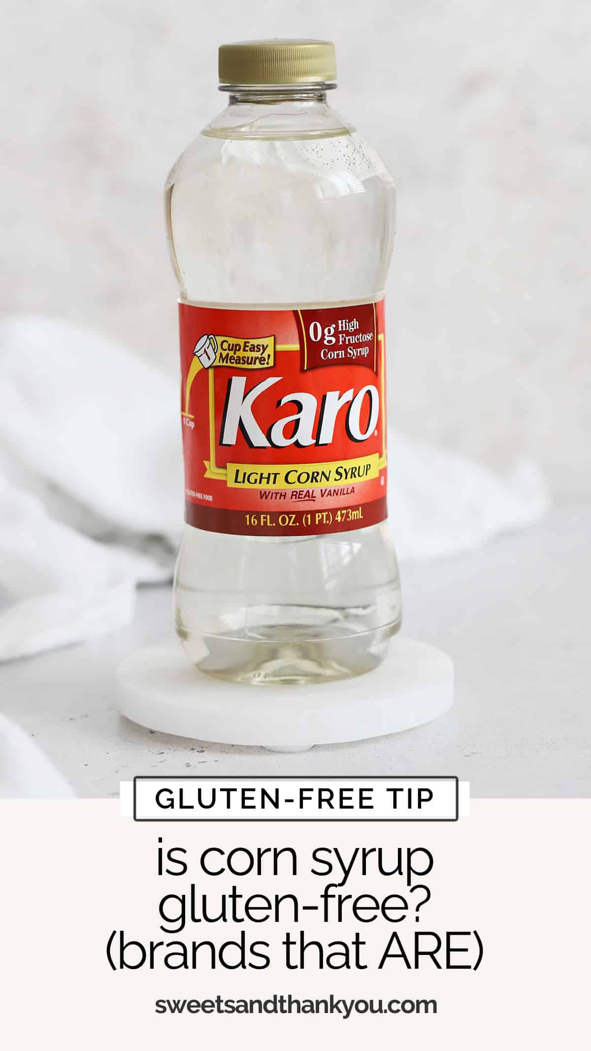 Wondering if corn syrup is gluten-free? What about Karo syrup? Get the scoop on which varieties are safe to eat, what to watch out for & more! / is karo syrup gluten free / is high fructose corn syrup gluten free / types of corn syrup / light corn syrup vs dark corn syrup / corn syrup in baking / best substitute for corn syrup in baking / is karo corn syrup gluten free / gluten free baking tips / gluten free tips