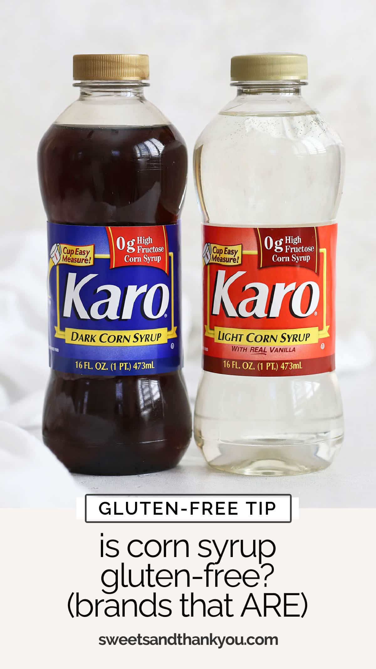 Wondering if corn syrup is gluten-free? What about Karo syrup? Get the scoop on which varieties are safe to eat, what to watch out for & more! / is karo syrup gluten free / is high fructose corn syrup gluten free / types of corn syrup / light corn syrup vs dark corn syrup / corn syrup in baking / best substitute for corn syrup in baking / is karo corn syrup gluten free / gluten free baking tips / gluten free tips