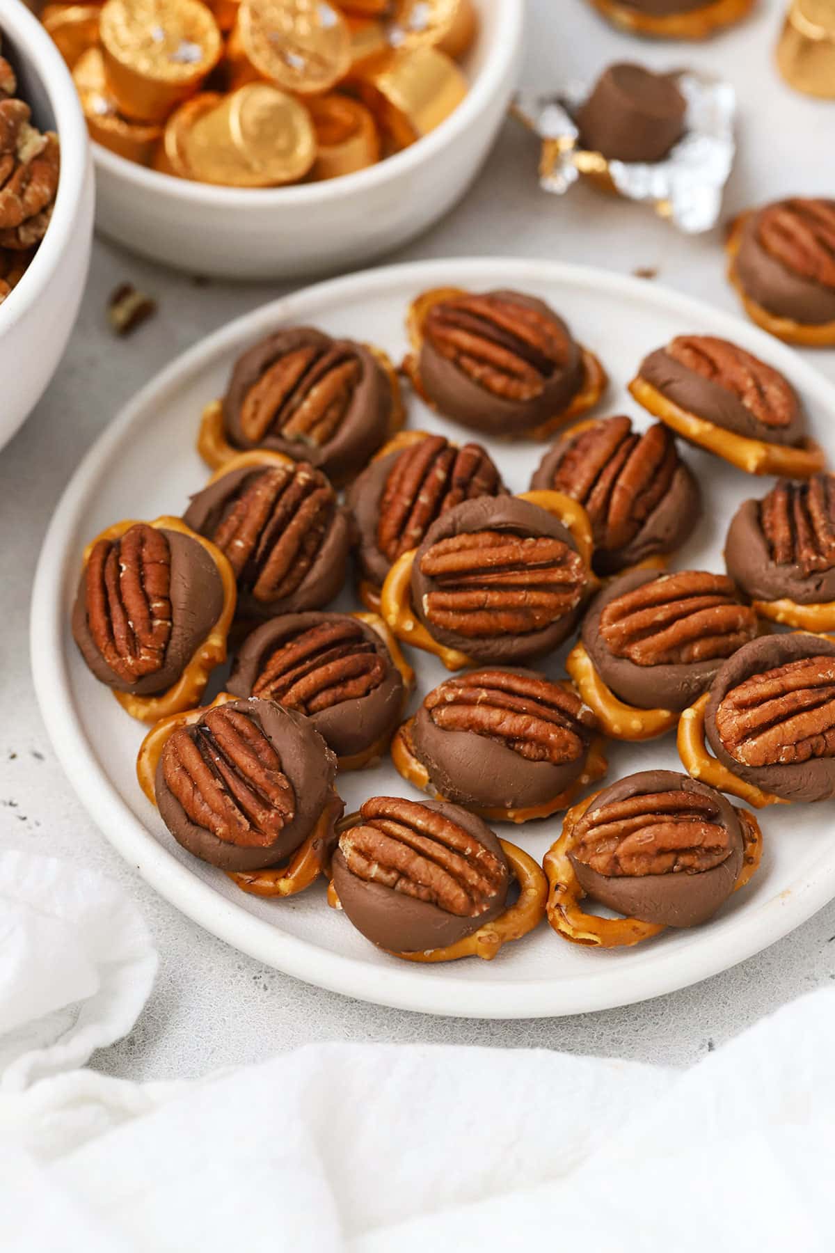 gluten-free Rolo turtles on a white plate