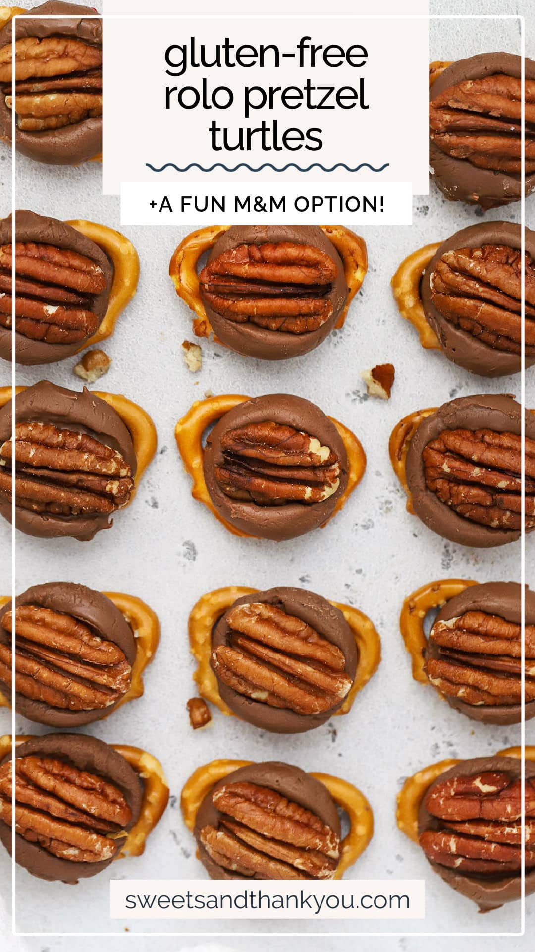 Let's make Gluten-Free Rolo Pretzels! This easy Rolo turtles recipe is the perfect easy holiday treat to add to your cookie plate this year! / gluten free rolo pretzel delights / gluten free rolo pretzel bites recipe / gluten free rolo pretzel turtles recipe / easy gluten-free holiday treat / gluten free cookie exchange recipe / gluten free holiday baking / gluten free christmas treat / gluten free rolo pretzel candy recipe