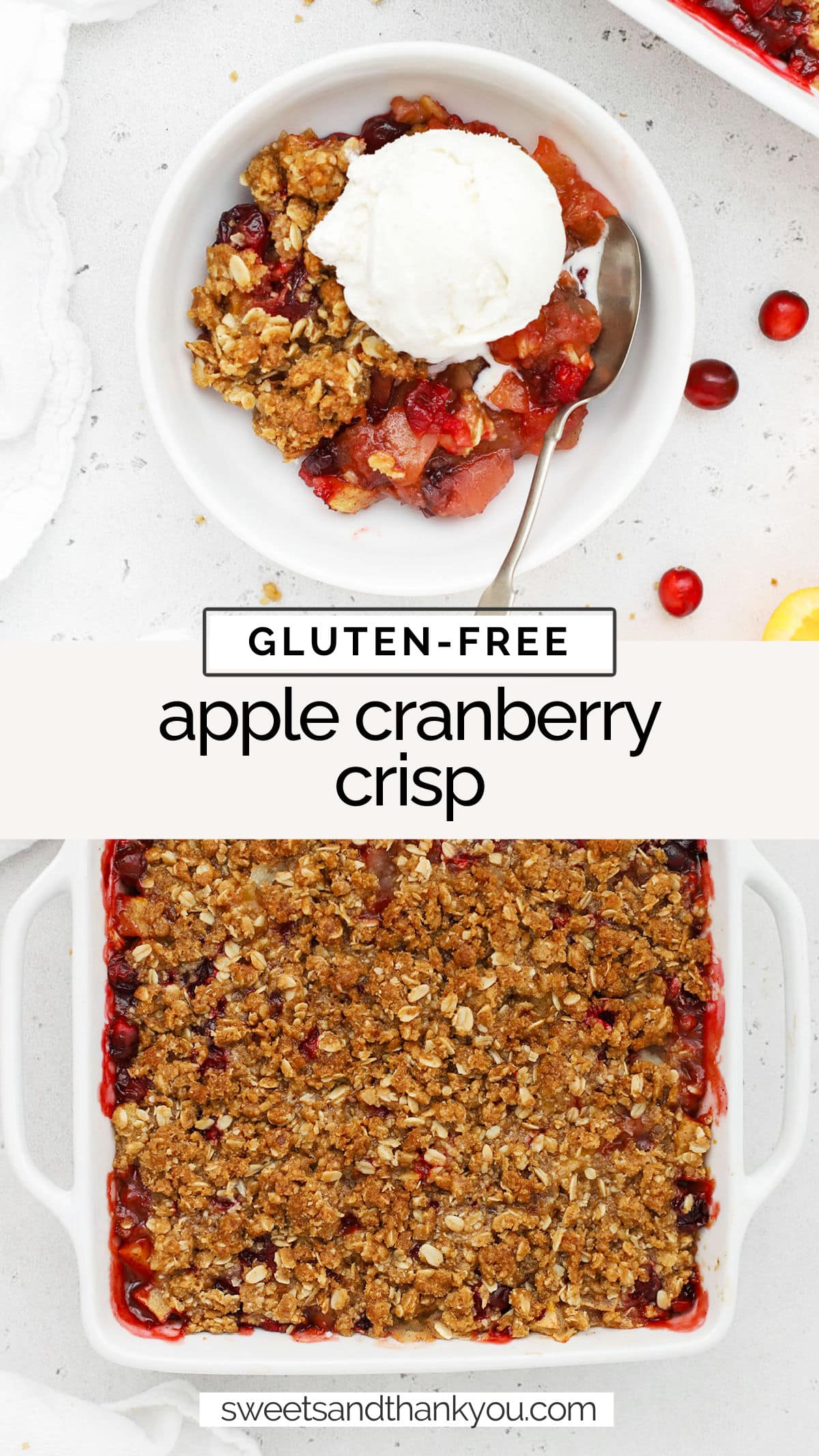 This easy Gluten-Free Apple Cranberry Crisp recipe is the perfect dessert for the holiday season. / gluten-free cranberry crisp recipe / gluten-free cranberry crumble recipe / gluten-free thanksgiving dessert / gluten-free christmas dessert / gluten-free cranberry dessert / gluten-free cranberry apple crisp / gluten free cranberry recipe