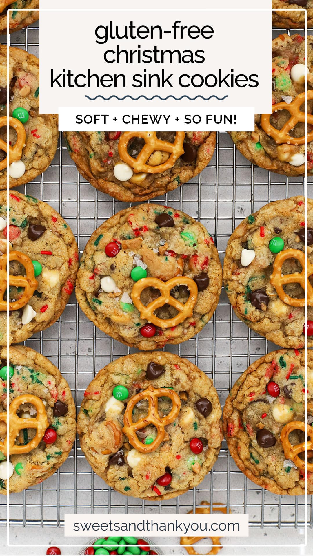 Looking for a fun gluten-free Christmas cookie to try this year? These Gluten-Free Christmas Kitchen Sink Cookies are here to deliver! They're packed with festive color & delicious flavor in every bite. Try them for a gluten-free cookie exchange, gluten-free cookie box, or to give to friends and neighbors. They're the cutest gluten-free holiday cookie recipe around!