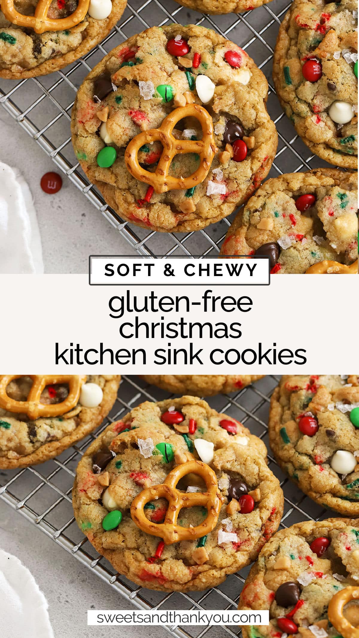 Looking for a fun gluten-free Christmas cookie to try this year? These Gluten-Free Christmas Kitchen Sink Cookies are here to deliver! They're packed with festive color & delicious flavor in every bite. Try them for a gluten-free cookie exchange, gluten-free cookie box, or to give to friends and neighbors. They're the cutest gluten-free holiday cookie recipe around!