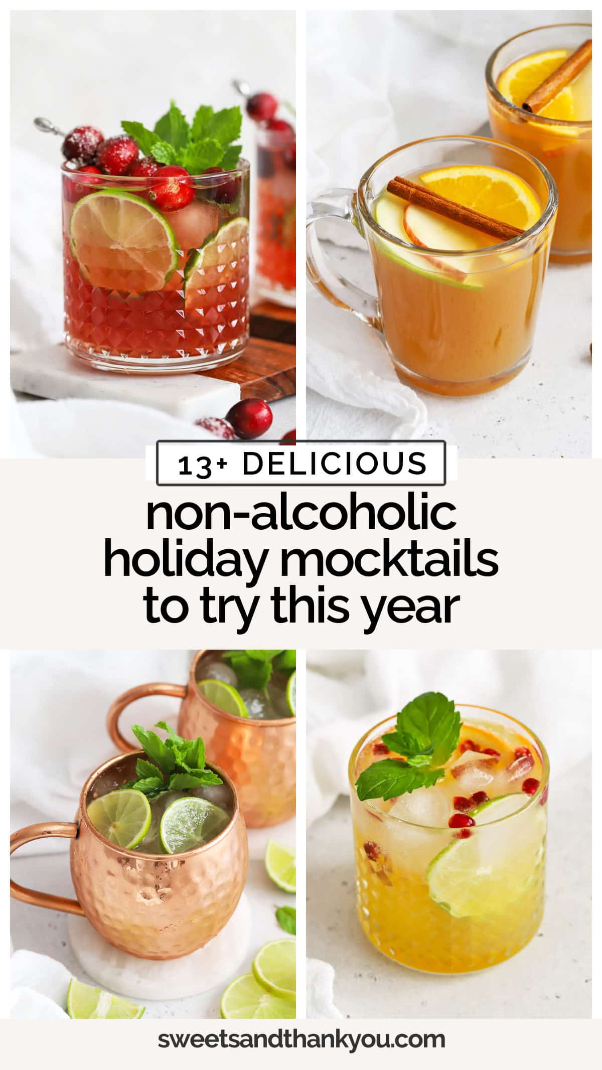 Looking for non-alcoholic Christmas drinks to serve this season? These holiday & Christmas mocktail recipes are perfect for kids & grown-ups! Choose from refreshing holiday mocktails like Non-alcoholic moscow mules and Cranberry Lime spriters to kid-friendly Christmas drinks like Shirley Temples & Mint Limeade. There's a festive Christmas drink for everyone! 