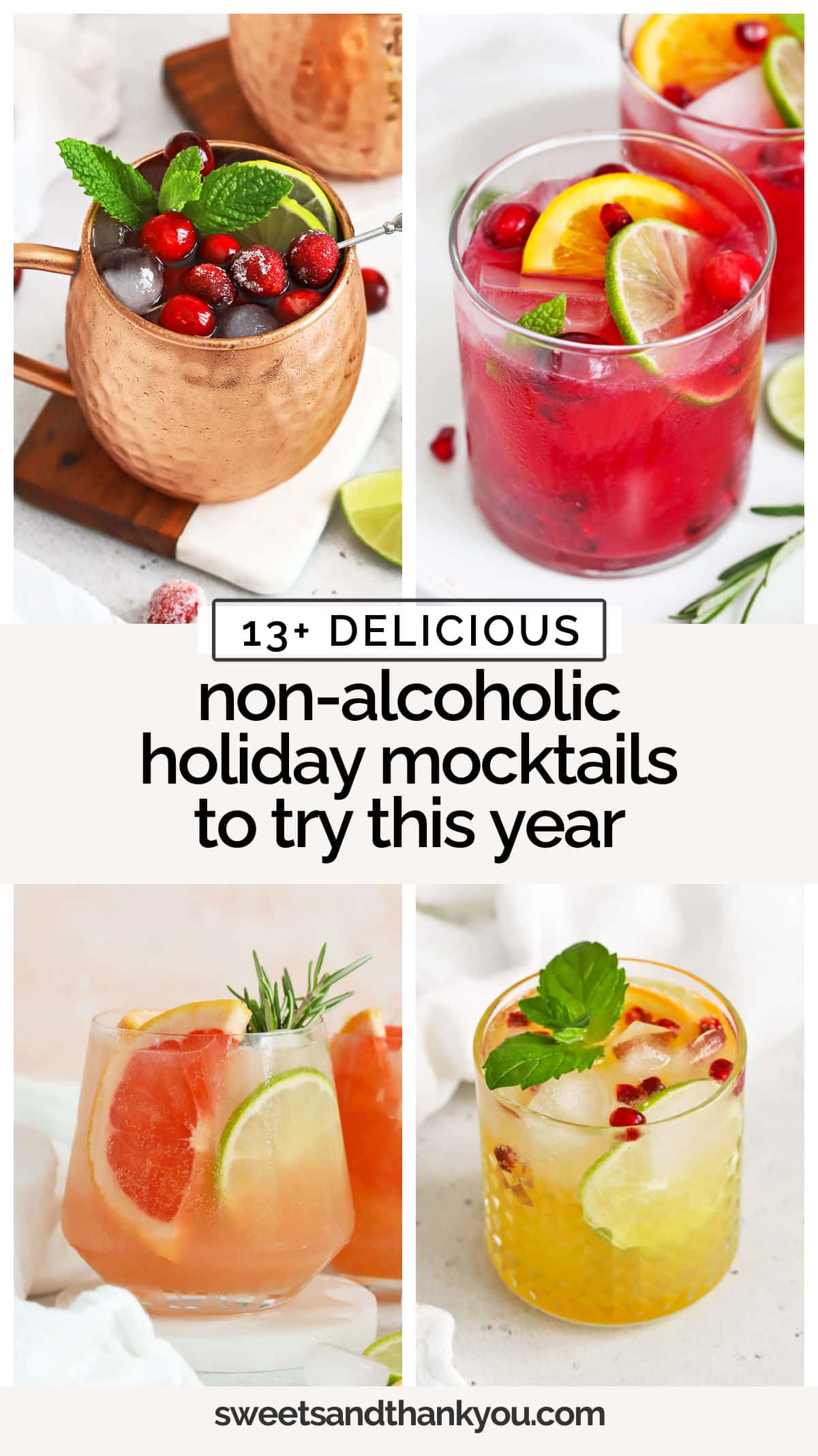 Looking for non-alcoholic Christmas drinks to serve this season? These holiday & Christmas mocktail recipes are perfect for kids & grown-ups! Choose from refreshing holiday mocktails like Non-alcoholic moscow mules and Cranberry Lime spriters to kid-friendly Christmas drinks like Shirley Temples & Mint Limeade. There's a festive Christmas drink for everyone! 