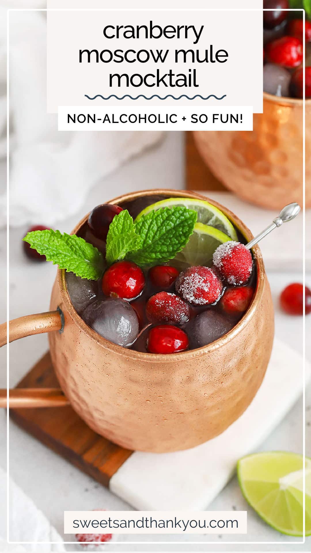 Our festive Cranberry Moscow Mule Mocktail recipe is a perfect holiday drink. With a fizzy mix of fresh & warm flavors and fun seasonal colors, this pretty red mocktail is the perfect holiday mocktail recipe for Thanksgiving, Christmas, New Year's Eve and more! 