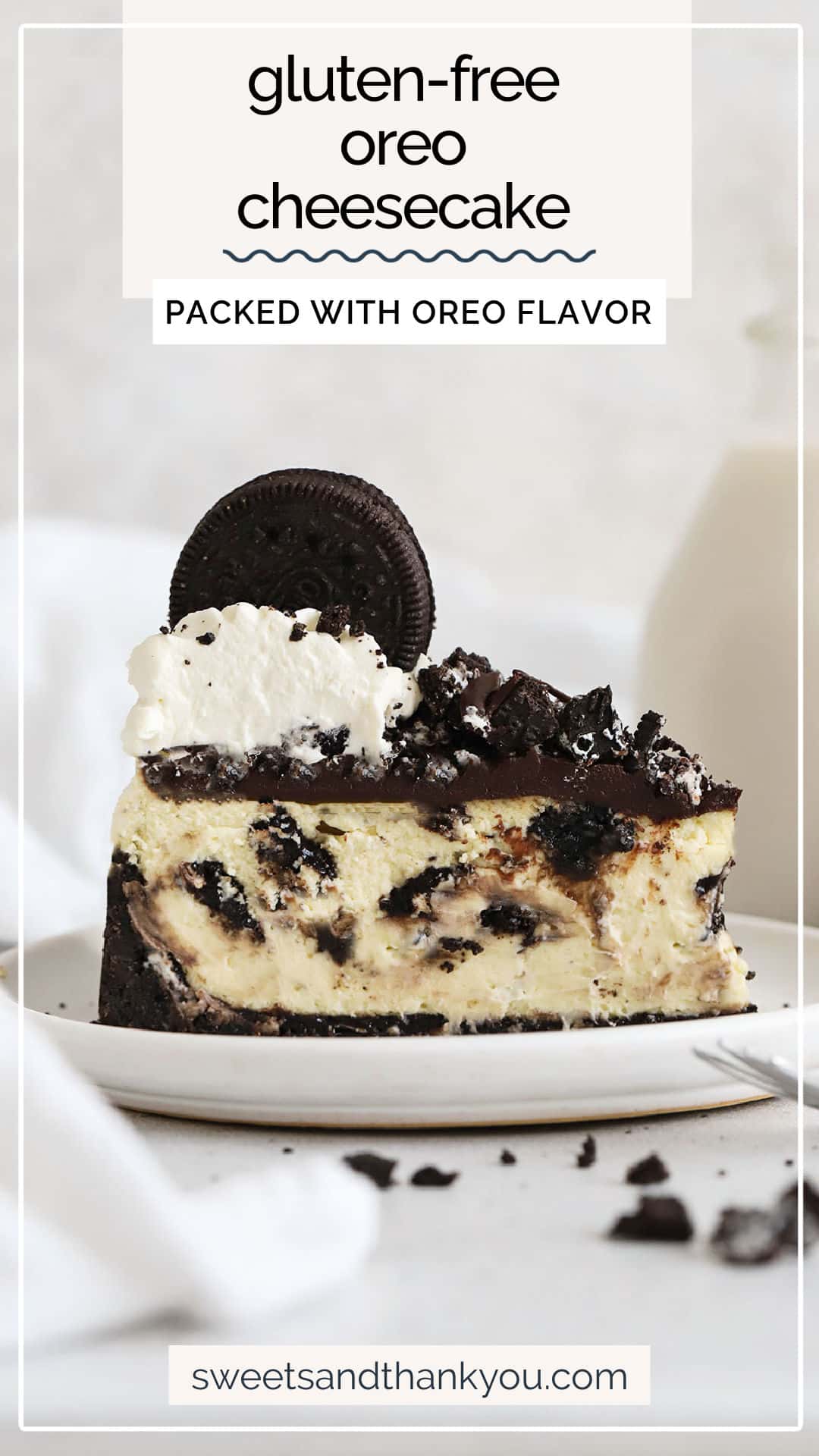 Our Gluten-Free Oreo Cheesecake recipe is a DREAM dessert for cookies & cream lovers! It's packed with with Oreo cookie flavor in every layer! / gluten-free oreo dessert recipes / gluten-free thanksgiving dessert / gluten-free cheesecake recipe / gluten-free holiday dessert / gluten-free birthday cake / gluten-free cake / gluten-free pie / the best oreo cheesecake recipe / easy oreo cheesecake recipe / gluten-free oreo cheesecake crust
