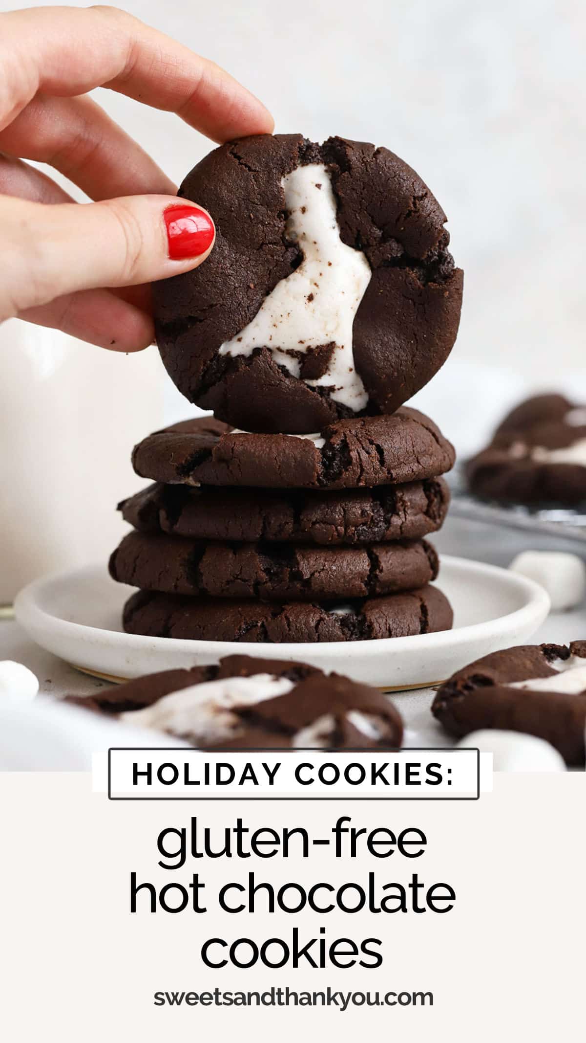 These Gluten-Free Hot Chocolate Cookies taste like a warm cup of hot cocoa in cookie form! Made with fudgy chocolate cookies and a gooey marshmallow center, they're a perfect gluten-free holiday cookie recipe. They look adorable for a gluten-free cookie exchange or holiday cookie plate! / gluten-free hot cocoa cookies / gluten-free holiday cookies