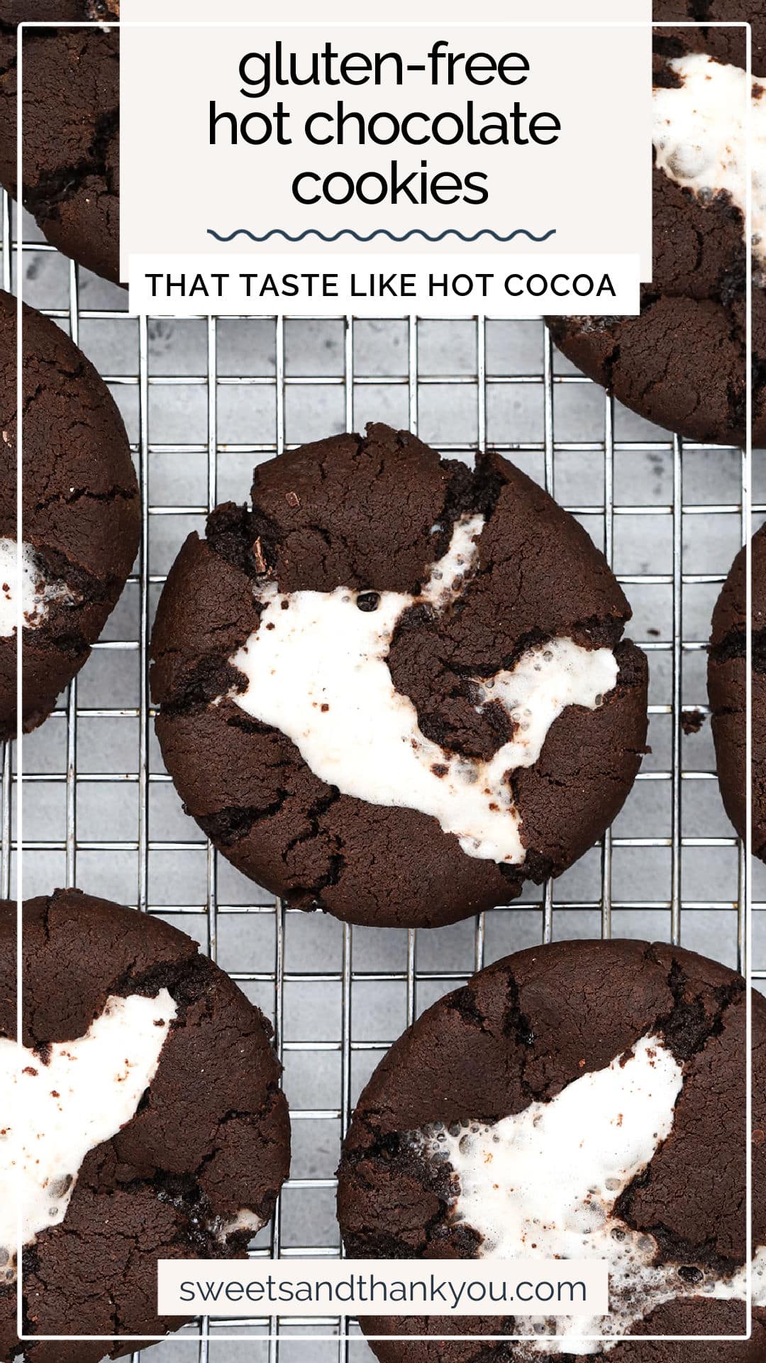 These Gluten-Free Hot Chocolate Cookies taste like a warm cup of hot cocoa in cookie form! Made with fudgy chocolate cookies and a gooey marshmallow center, they're a perfect gluten-free holiday cookie recipe. They look adorable for a gluten-free cookie exchange or holiday cookie plate! 