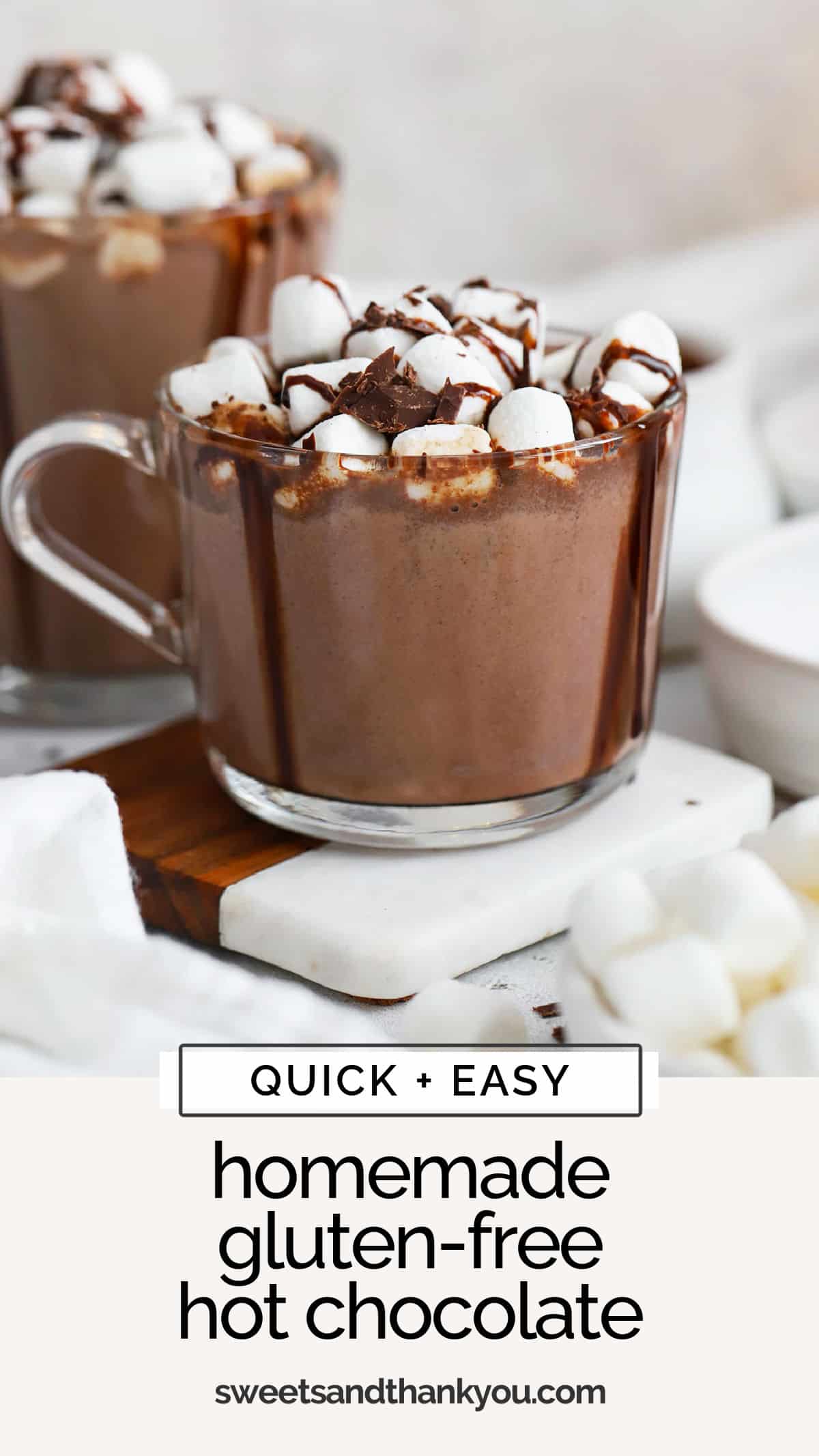 Our easy Homemade Gluten-Free Hot Chocolate recipe is the perfect hot drink for cold weather! Skip the coffee shop or cafe and curl up with a cup of this delicious homemade hot cocoa. Don't miss our favorite hot chocolate toppings & flavorings to try! 