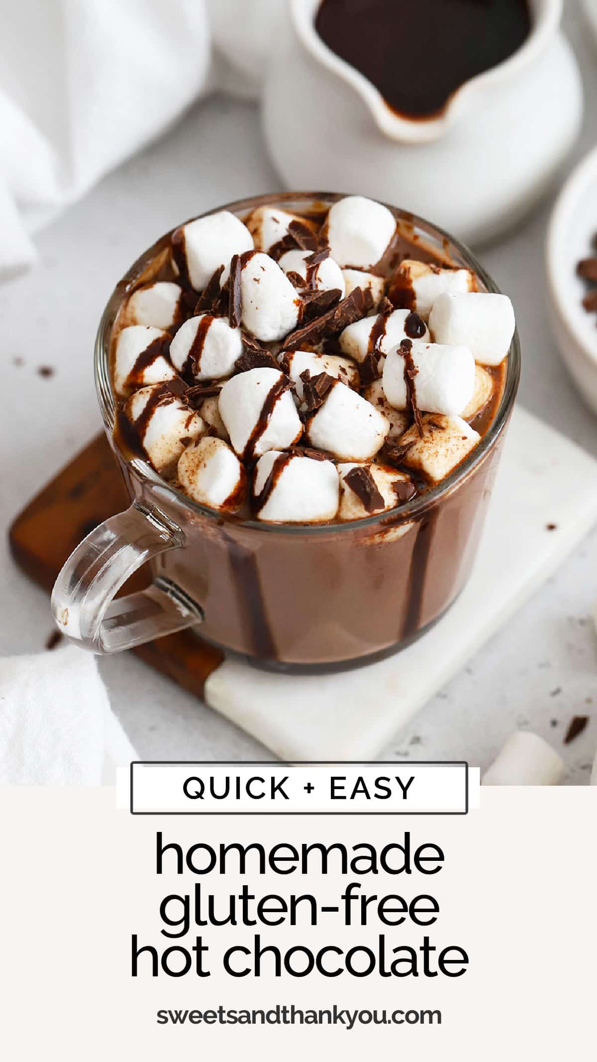 Our easy Homemade Gluten-Free Hot Chocolate recipe is the perfect hot drink for cold weather! Skip the coffee shop or cafe and curl up with a cup of this delicious homemade hot cocoa. Don't miss our favorite hot chocolate toppings & flavorings to try! 