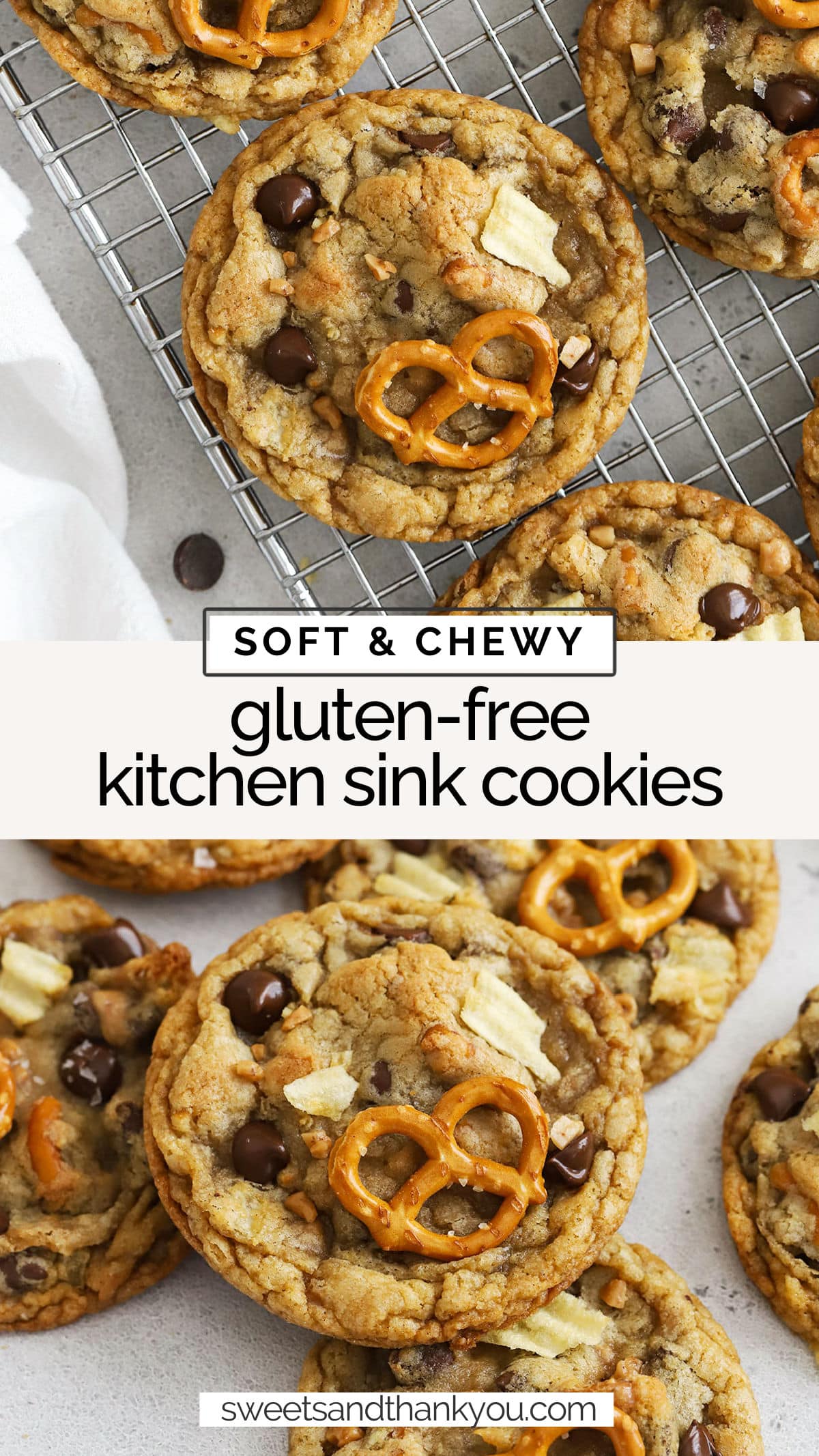 These Gluten-Free Kitchen Sink Cookies let you mix & match your way to your dream cookie. They basically have everything but the kitchen sink! / everything but the kitchen sink cookies gluten free / gluten free kitchen sink cookie recipe / gluten-free cookies / gluten-free chocolate chip cookies / gluten-free cookies with pretzels / gluten-free cookie recipe / gluten free panera cookies / gluten-free panera kitchen sink cookies